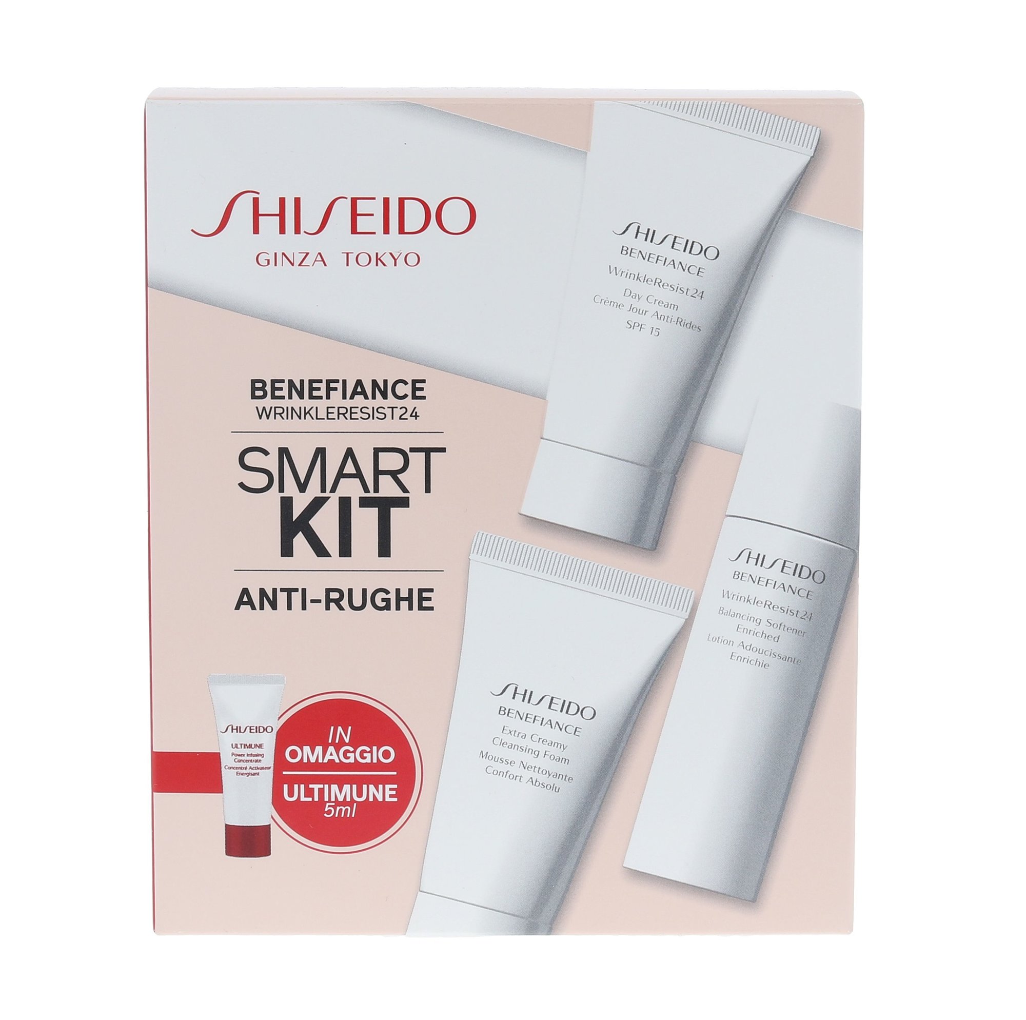 Shiseido Benefiance Wrinkle Resist 24 30ml WrinkleResist24 Day Cream SPF15 30 ml + WrinkleResist24 Softener Enriched 30 ml +  Cleansing Foam 30 m + ULTIMUNE Power Infusing Concentrate 5 ml dieninis kremas Rinkinys (Pažeista pakuotė)