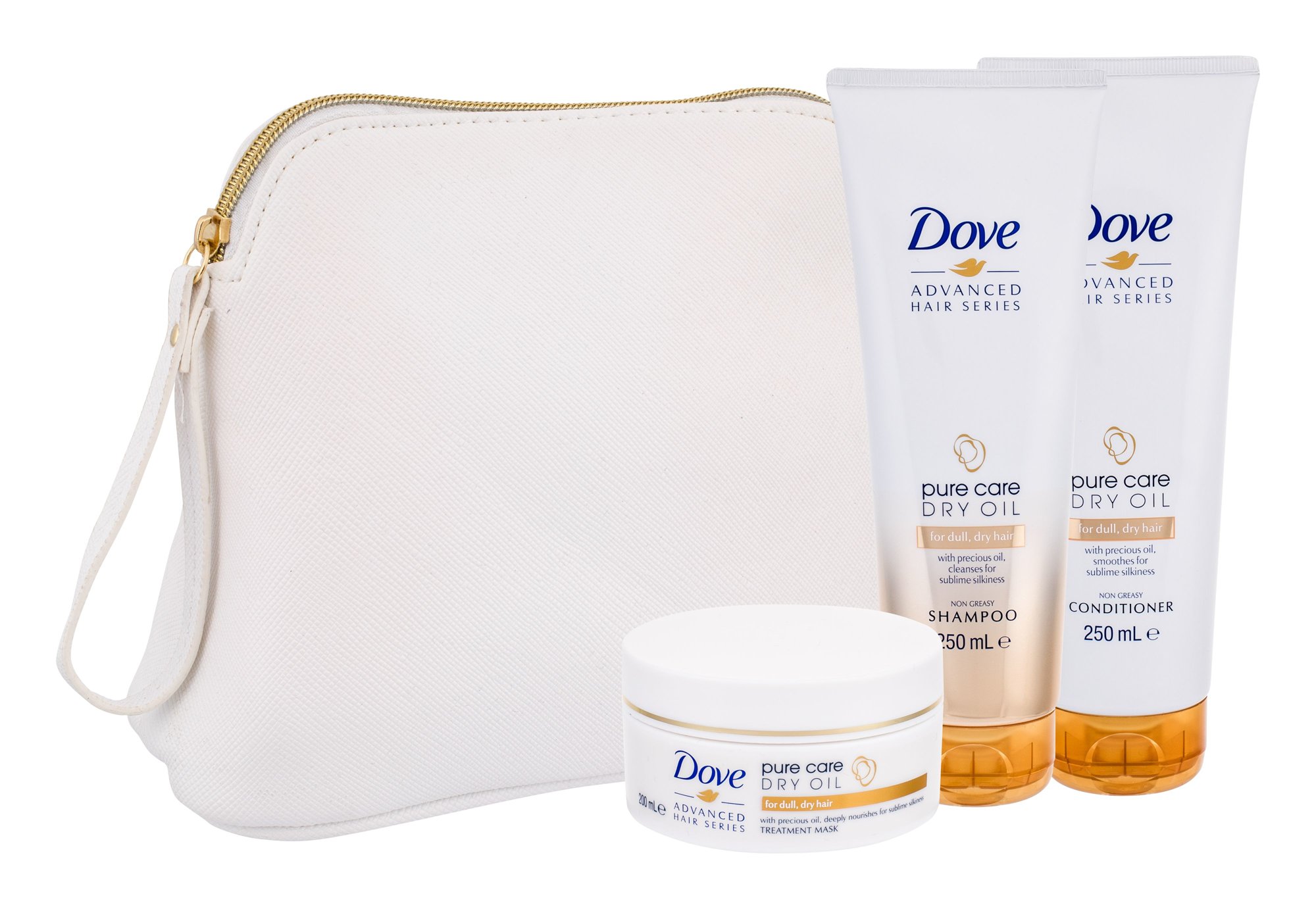 Dove Advanced Hair Series Pure Care Dry Oil 250ml Shampoo 250 ml + Conditioner 250 ml + Mask for hair 200 ml + Cosmetic bag šampūnas Rinkinys
