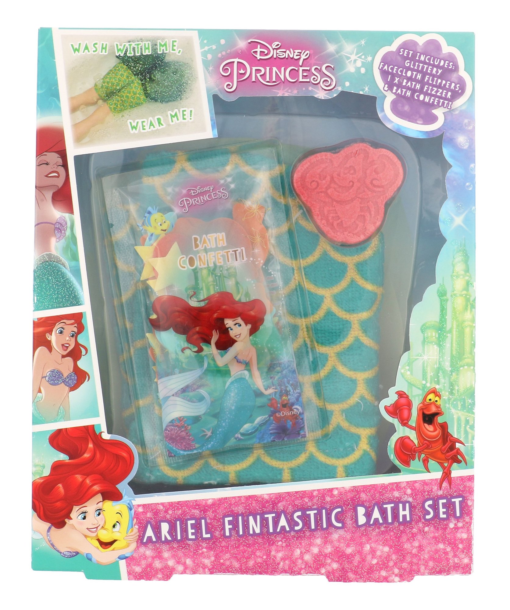 Disney Princess Ariel 2vnt washing cloth 2 pcs + fizzy bathing tablet 15 g +bat confetti 10 g kempinė Rinkinys