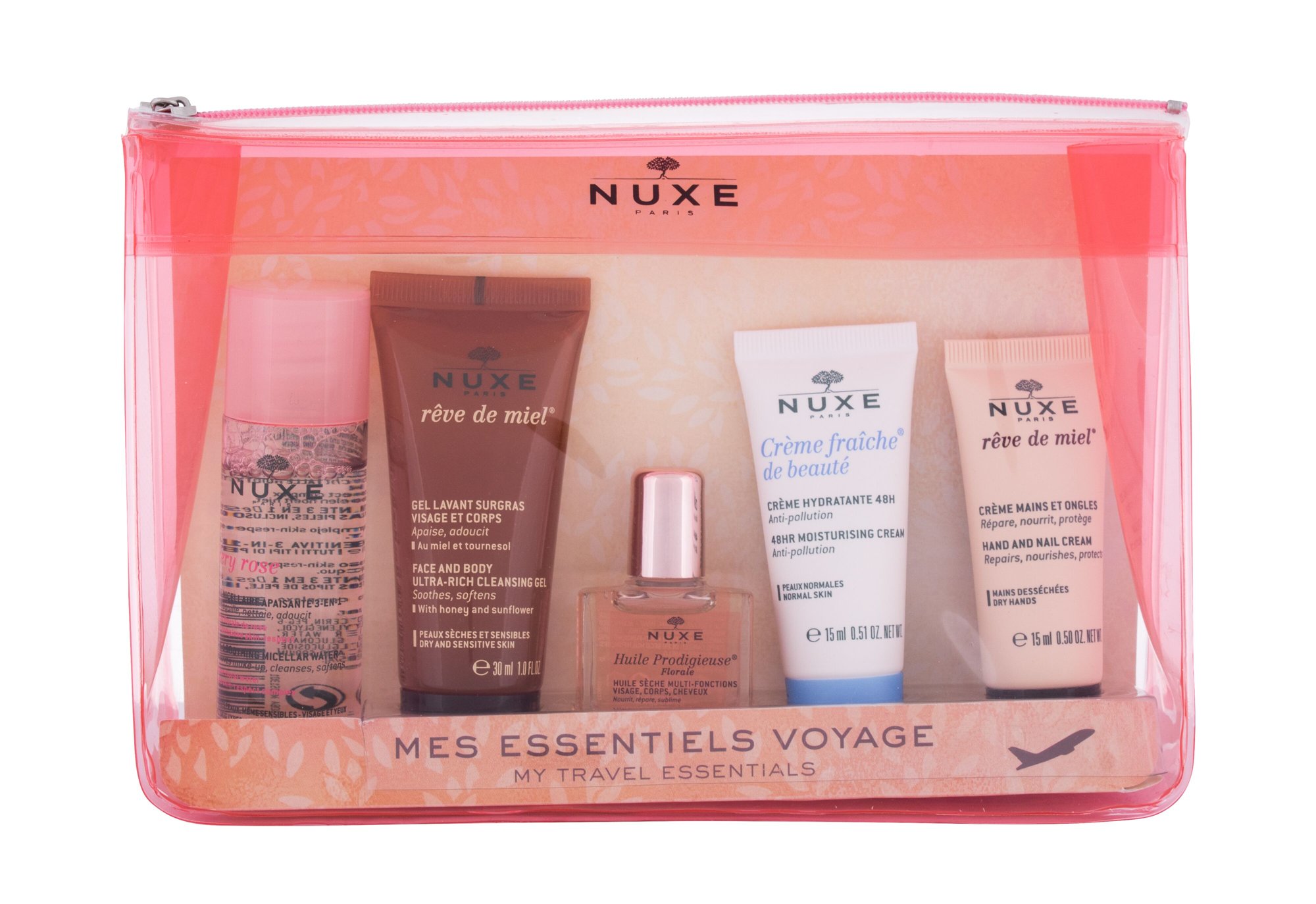 Nuxe My Travel Essentials 10ml Dry Oil Huile Prodigieuse Florale 10 ml + Micellar Water Very Rose Soothing 3-in-1 40 ml + Reve de Miel Face and Body Ultra-Rich 30 ml + Créme Fraiche 48HR Moisturizing Cream 15 ml + Reve de Miel Hand and Nail Cream 15 ml + Cosmetic Bag kūno aliejus Rinkinys