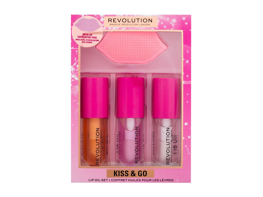 Makeup Revolution London Kiss & Go Lip Oil Set 4,5ml Lip Oil Honey 4,5 ml+ Lip Oil Peach Pink 4,5 ml+ Lip Oil Watermelon 4,5 ml + Lip Peeling Brush lūpų aliejus Rinkinys