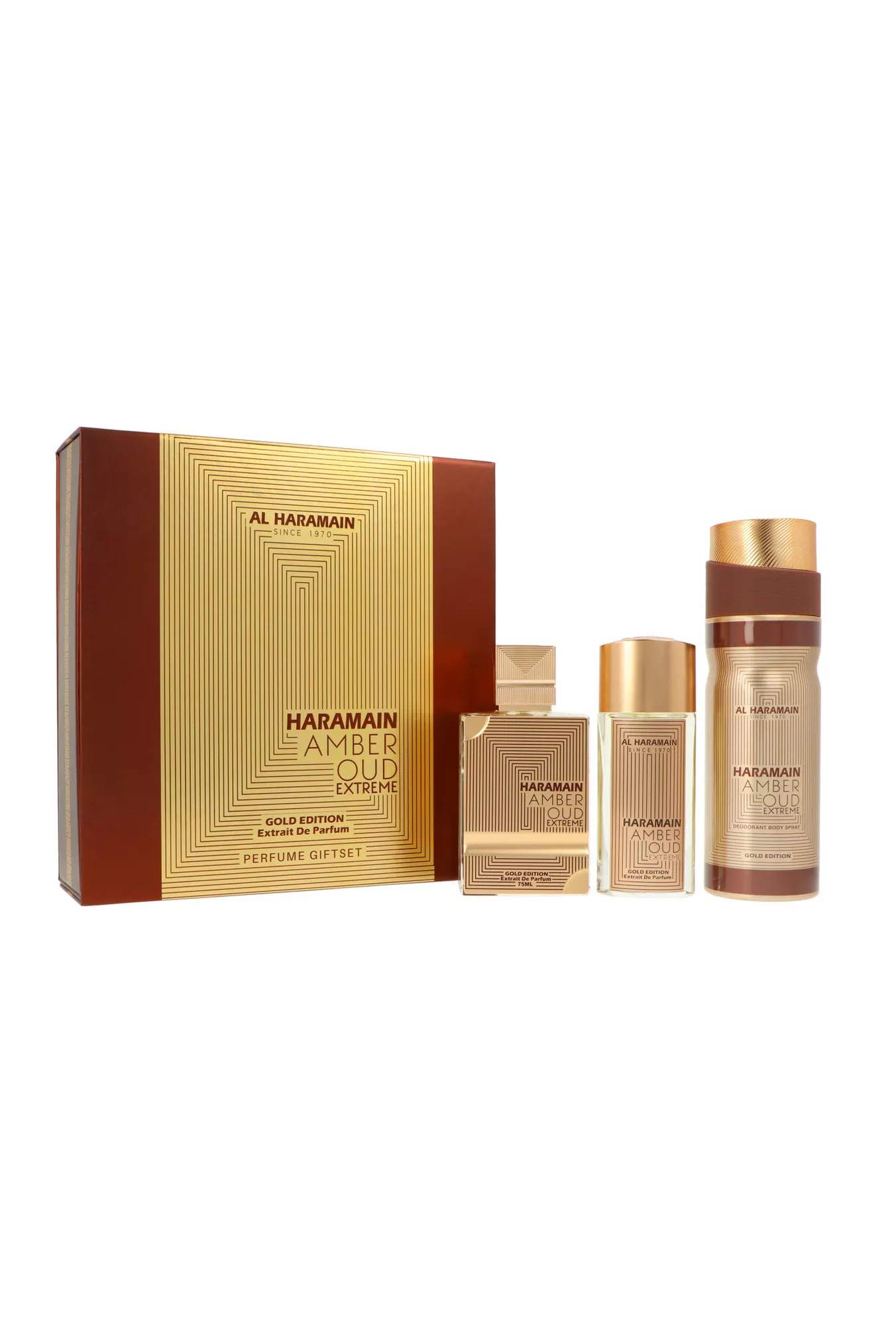 Al Haramain Perfumes Amber Oud Gold Edition Extreme 75ml (Extrait de Parfum 75ml + Extrait de Parfum 30ml +  200 ml Deodorant Body Spray) Kvepalai Unisex Parfum Rinkinys