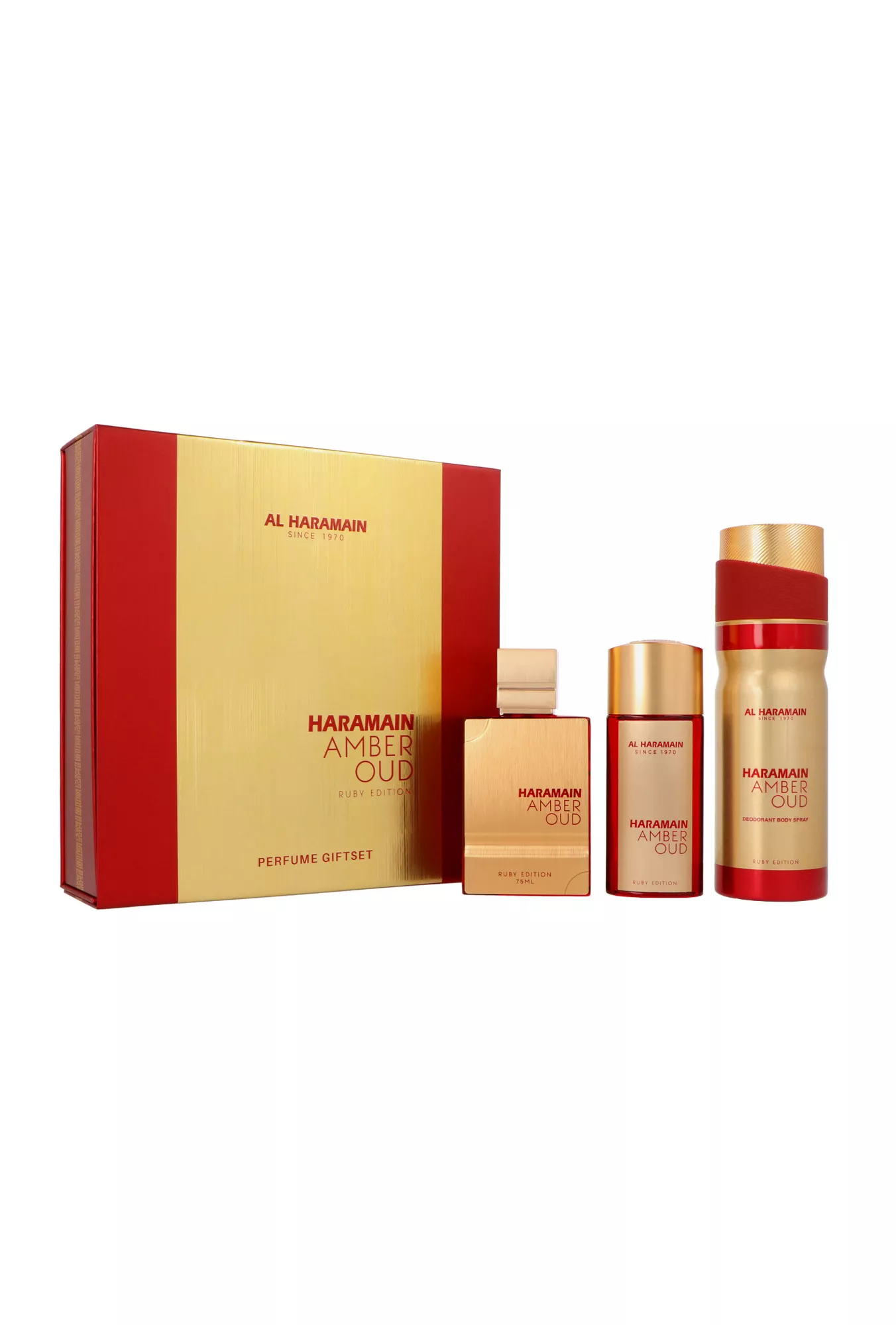 Al Haramain Perfumes Amber Oud Ruby Edition 105 ml + 200 ml (EDP 75ml + EDP 30ml + DEO 200ml) Kvepalai Unisex EDP Rinkinys