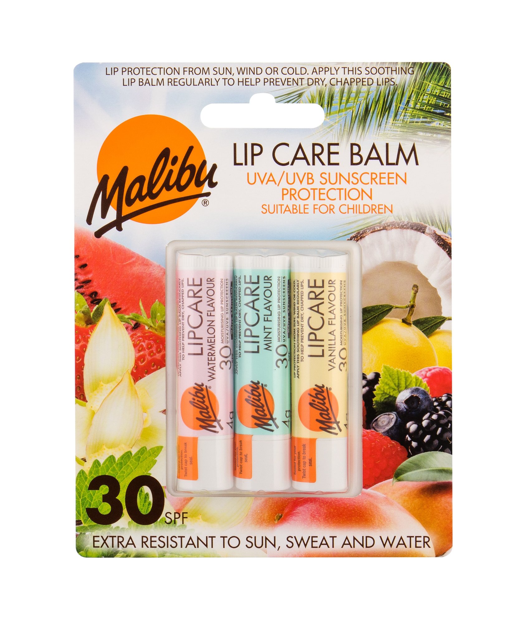 Malibu Lip Care 4g Lip Balm 4 g Watermelon + Lip Balm 4 g Mint + Lip Balm 4 g Vanilla lūpų balzamas Rinkinys