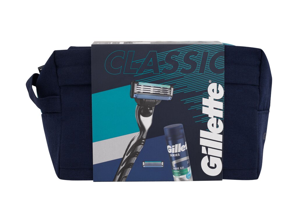 Gillette Mach3 1vnt Shaver Mach3 1 pc + Spare Head Mach3 1 pc + Series Sensitive Shave Gel 200 ml + Cosmetic Bag skutimosi gelis Rinkinys