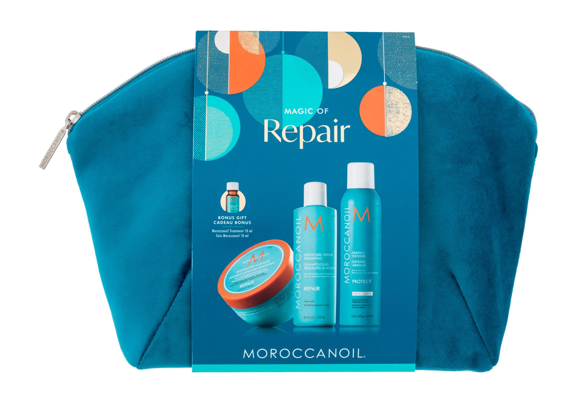 Moroccanoil Magic of Repair 250ml Moisture Repair Shampoo 250 ml + Repair Restorative Hair Mask 250 ml + Oil Treatment 10 ml + Protect Perfect Defense Care 225 ml + Cosmetic Bag šampūnas Rinkinys