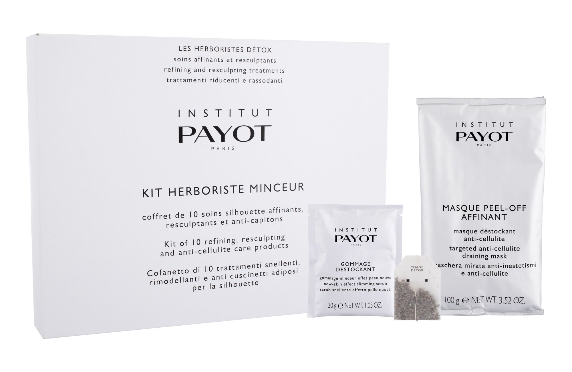 Payot Herboriste Minceur Kit 2000g Targeted Anti-Cellulite Draining Mask 20 x 100 g + New-Skin Effect Slimming Scrub 10 x 30 g + Detox Tea Treatment 10 pcs priemonė celiulitui ir strijoms Rinkinys