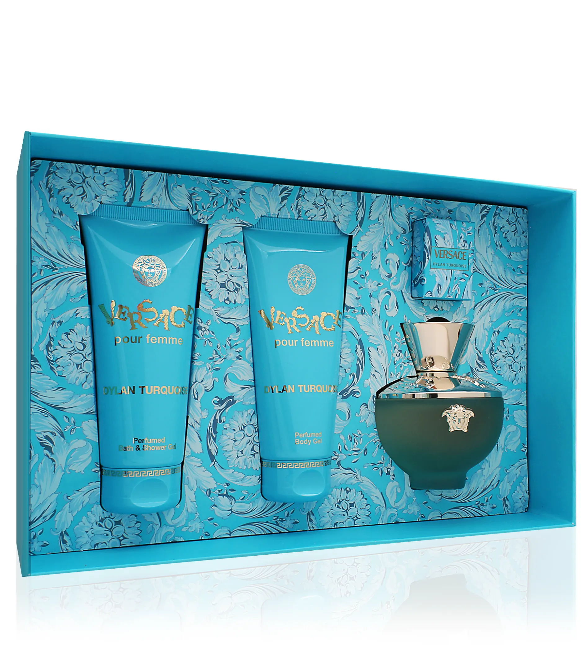 Versace Dylan Turquoise Versace Dylan Turquoise SET W (EDT 100ml + BL 100ml + SG 100ml + EDT 5ml) kvepalai Moterims Rinkinys