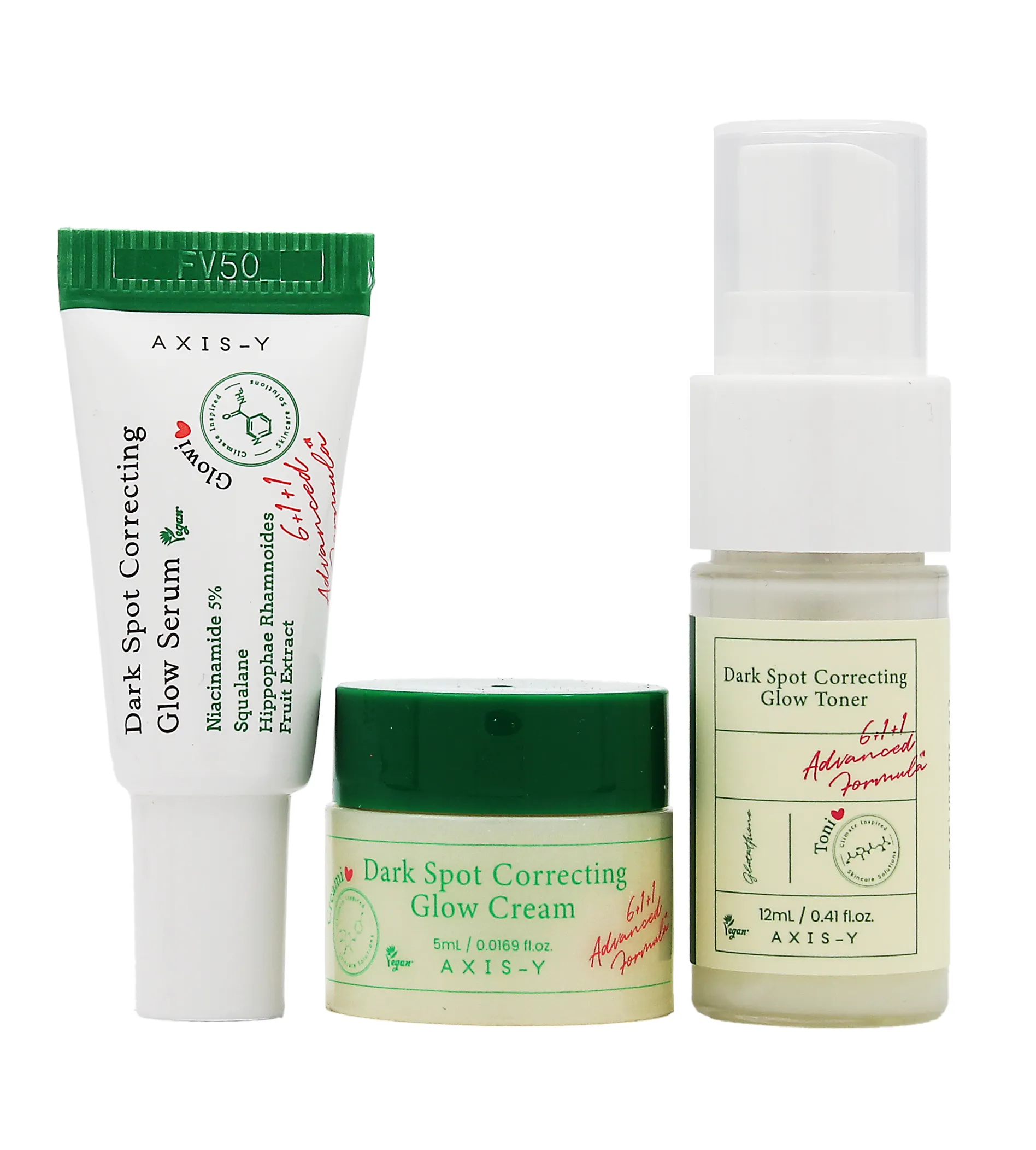 Axis-Y The Mini Glow Trio AXIS-Y The Mini Glow Trio SET (Toner 12ml + Serum 5ml + Cream 5ml) Veido kaukė Rinkinys