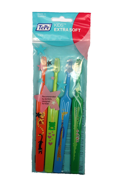 TePe Kids Zoo (Extra Soft) toothbrush (Extra Soft) 4 pcs Dantų emalį stiprinanti priemonė