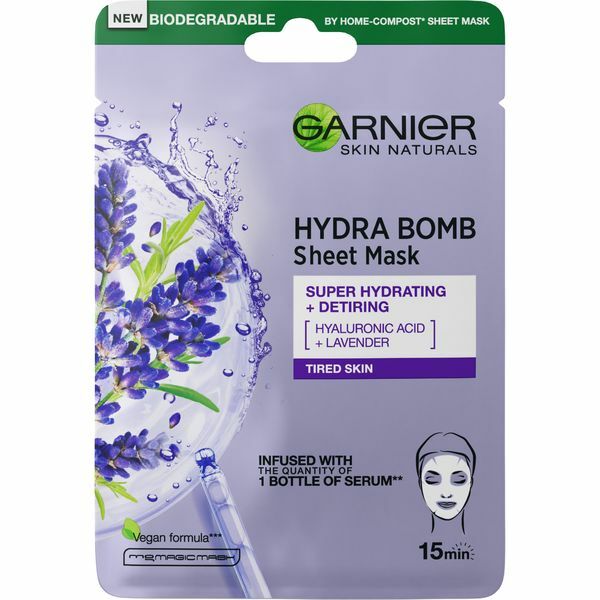 Garnier Moisturizing textile mask against signs of fatigue with lavender extract Skin Natura l s Hydra Bomb Moterims