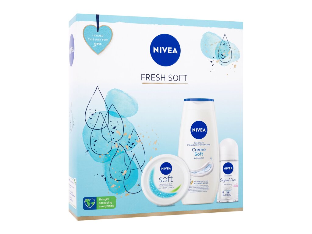 Nivea Fresh Soft 250ml Shower Gel Creme Soft 250 ml + Antiperspirant roll-on Original Natural 50 ml + Moisturizing Cream Soft 100 ml dušo želė Rinkinys