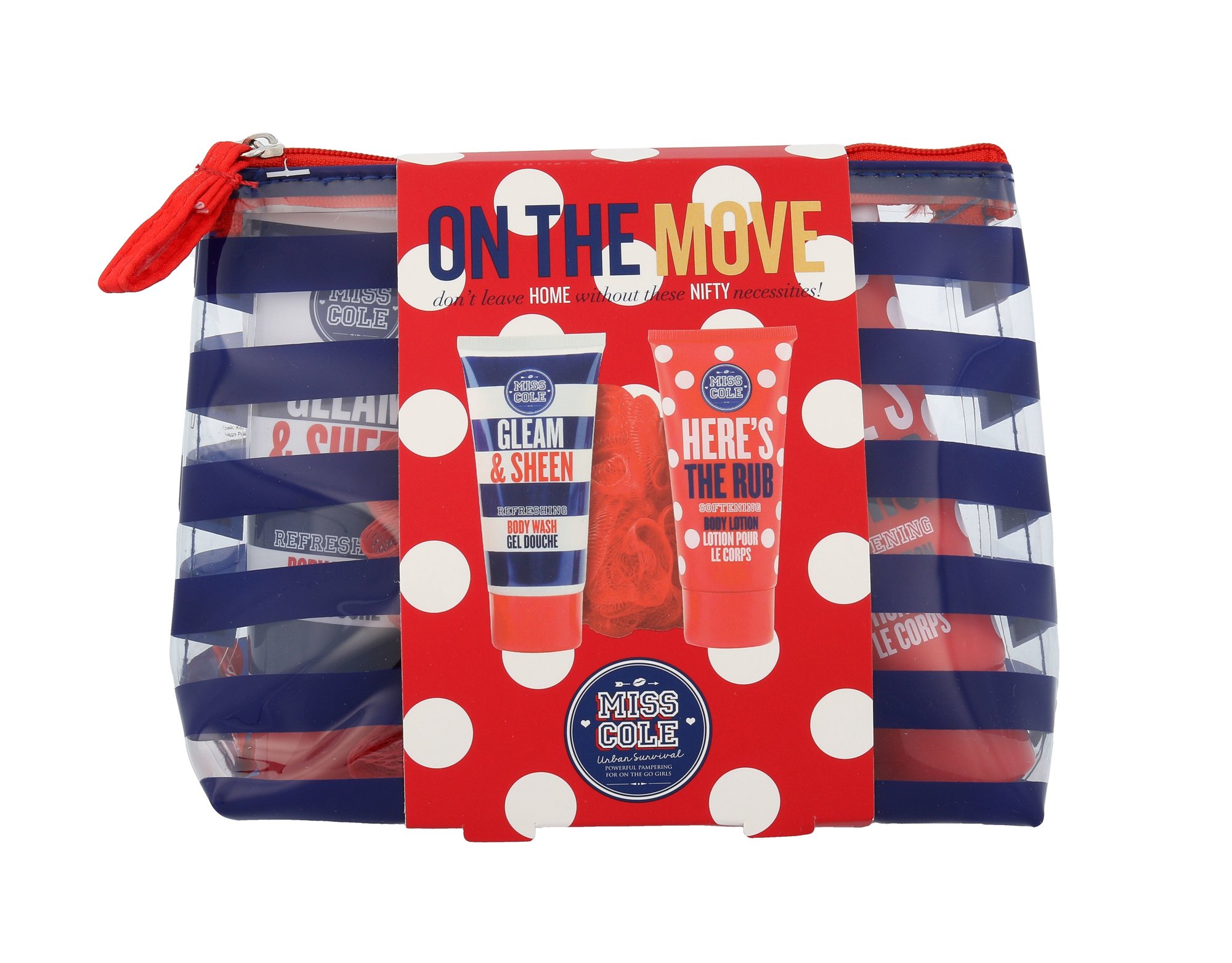 Grace Cole Miss Cole Gleam & Sheen 100ml Shower gel Gleam & Sheen 100 ml + Body lotion Here´s The Rub 100 ml + Sponge + Cosmetic bag dušo želė Rinkinys