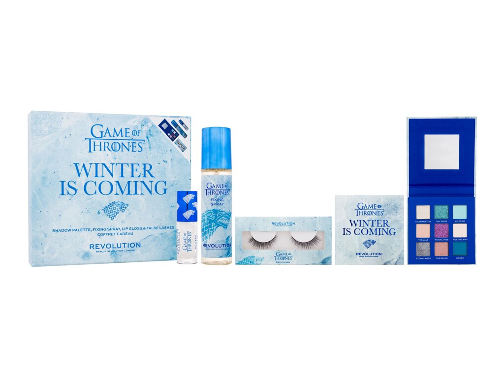 Makeup Revolution London X Game Of Thrones 7,2g Eyeshadow Palette Game Of Thrones 7,2 g + Fixing Spray Game Of Thrones 100 ml + False Lashes Game Of Thrones 1 pair + Game Of Thrones Shimmer Bomb Lip Gloss 5 ml Winter Is Coming šešėliai Rinkinys