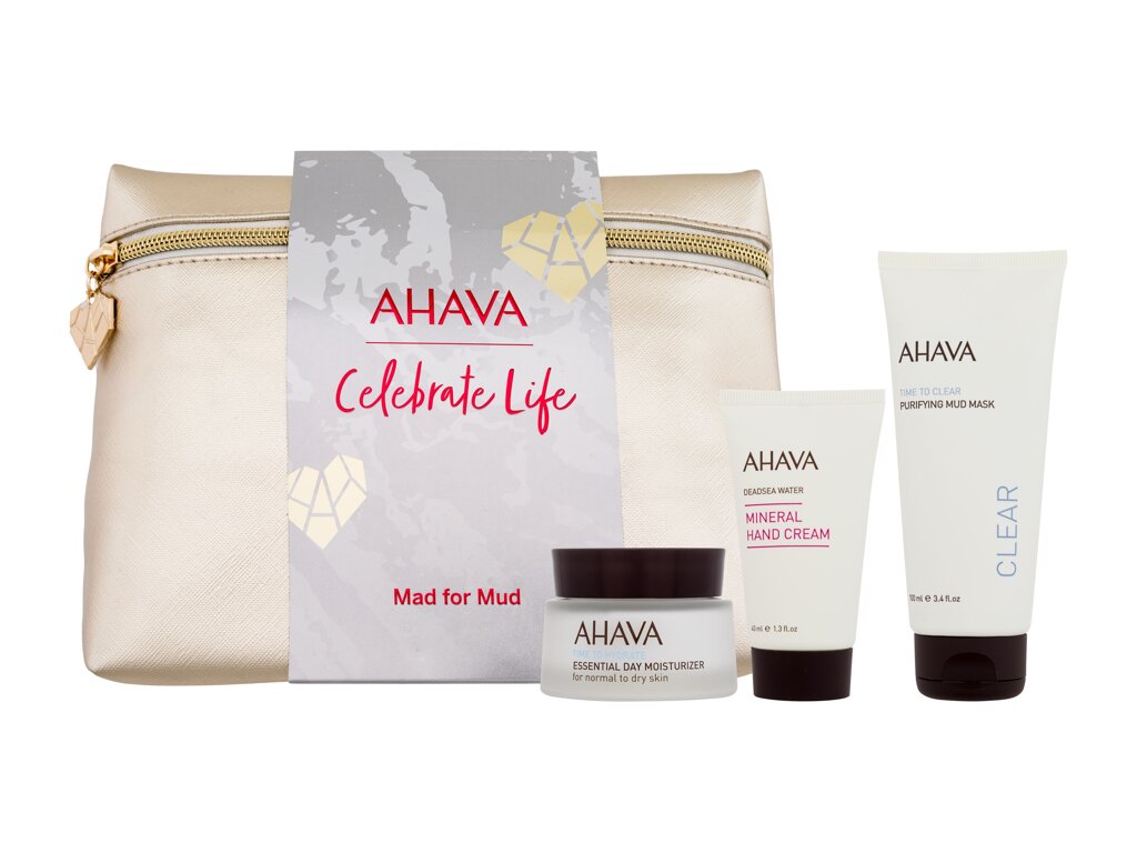 AHAVA Celebrate Life Mad For Mud 50ml Time To Hydrate Essential Day Moisturizer 50 ml + Time To Clear Purrifying Mud Mask 100 ml + Deadsea Water Mineral Hand Cream 40 ml dieninis kremas Rinkinys