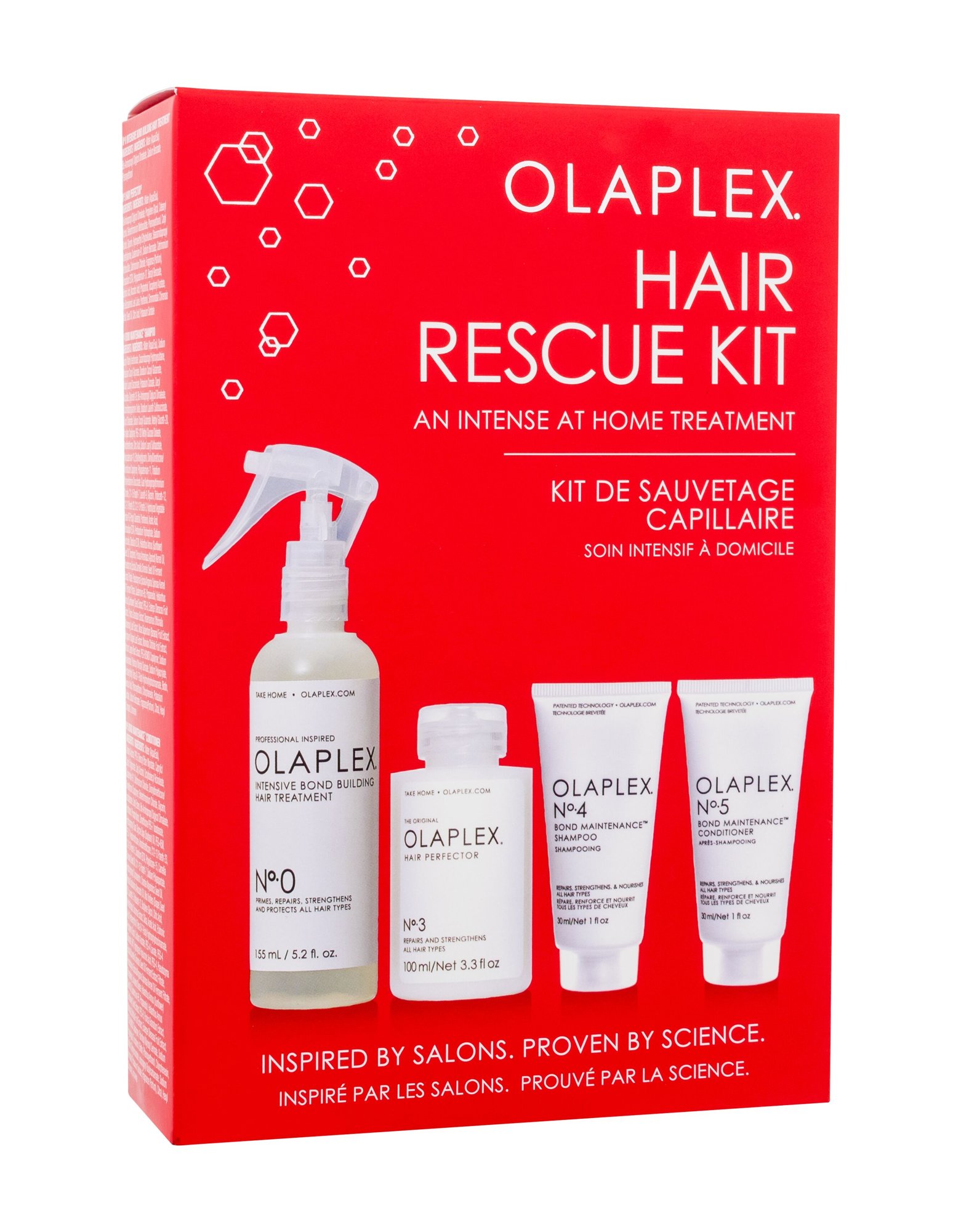 Olaplex Hair Rescue Kit 155ml Intensive Bond Building Hair Treatment No.0 155 ml + Hair Perfector No.3 100 ml + Bond Maintenance Shampoo No. 4 30 ml + Bond Maintenance Conditioner No. 5 30 ml plaukų serumas Rinkinys