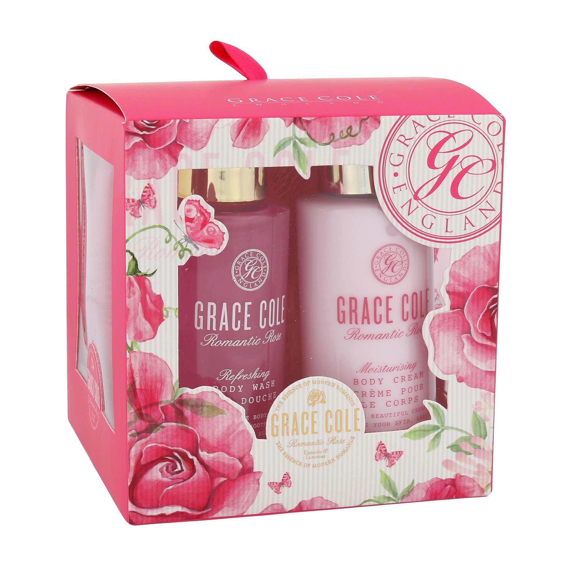 Grace Cole Romantic Rose 100ml Shower gel Refreshing 100 ml + Body cream Moisturising 100 ml + Sponge dušo želė Rinkinys