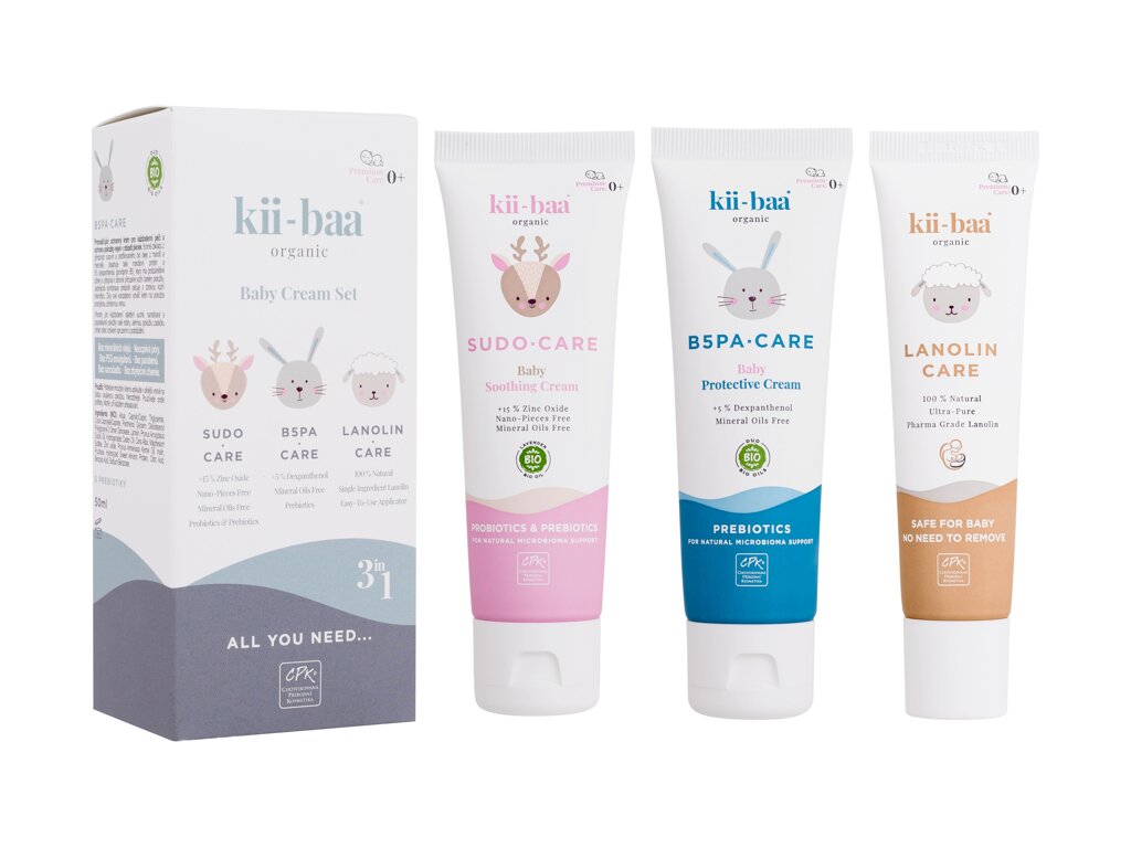 Kii-Baa Organic Baby Cream Set 50g Baby Cream B5PA-CARE 50 g + Baby Cream SUDO-CARE 50 g + Lanolin Care Ointment 30 g kūno kremas Rinkinys