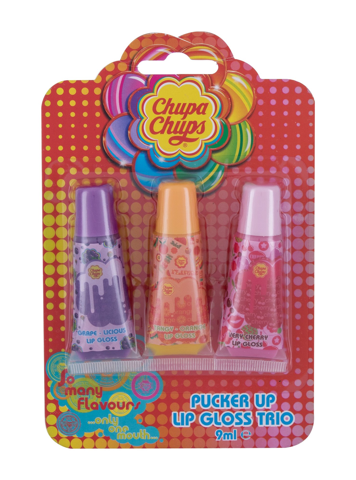 Chupa Chups Pucker Up 9ml Lip Shine 9 ml + Lip Shine 9 ml Tangy-Orange + Lip Shine 9 ml Very Cherry lūpų blizgesys Rinkinys