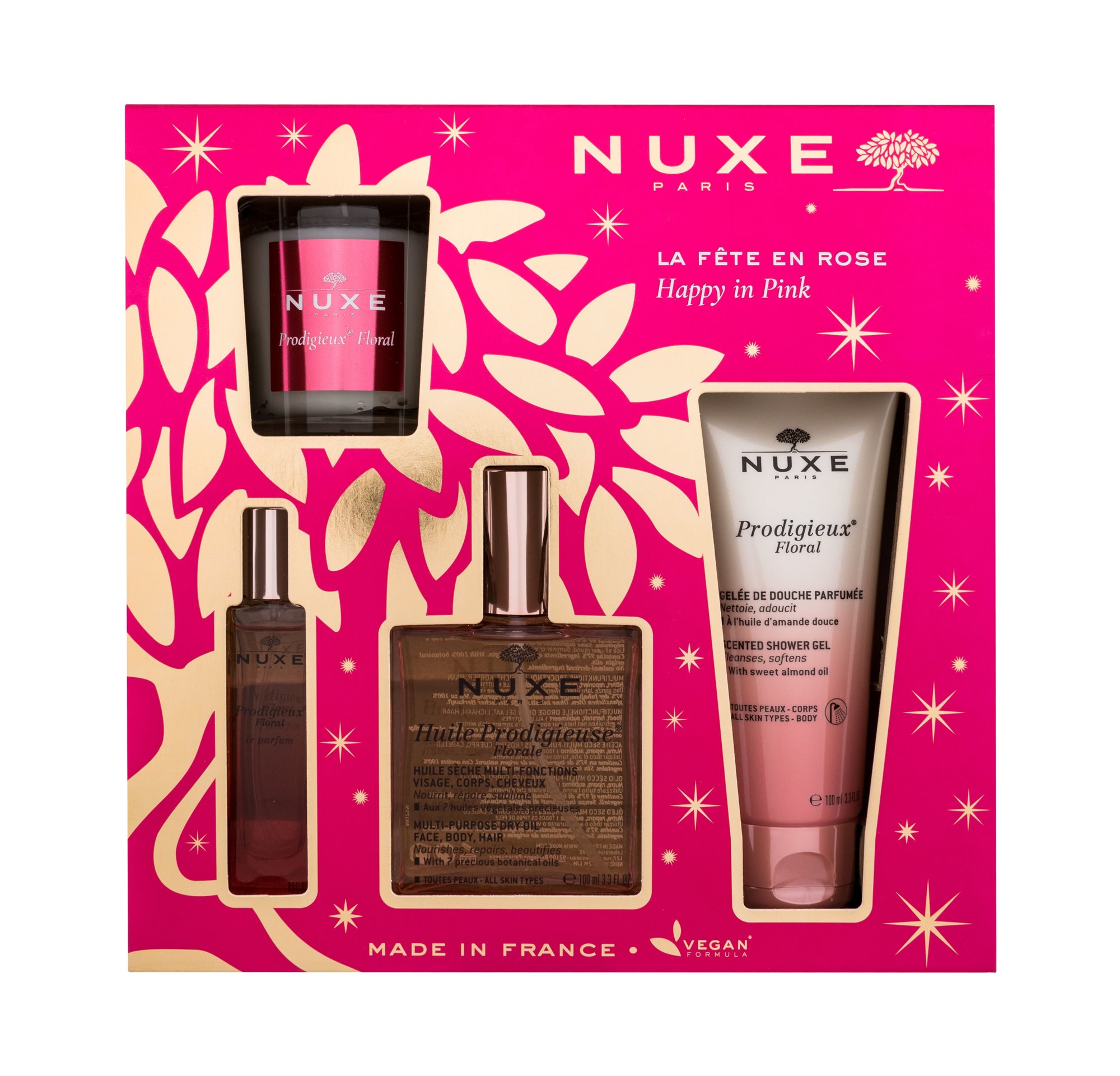 Nuxe Happy In Pink 100ml Dry Oil Huile Prodigieuse Florale 100 ml + Shower Gel Prodigieux Floral 100 ml + Edp Prodigieux Floral 15 ml +  Candle Prodigieux Floral 70 g kūno aliejus Rinkinys