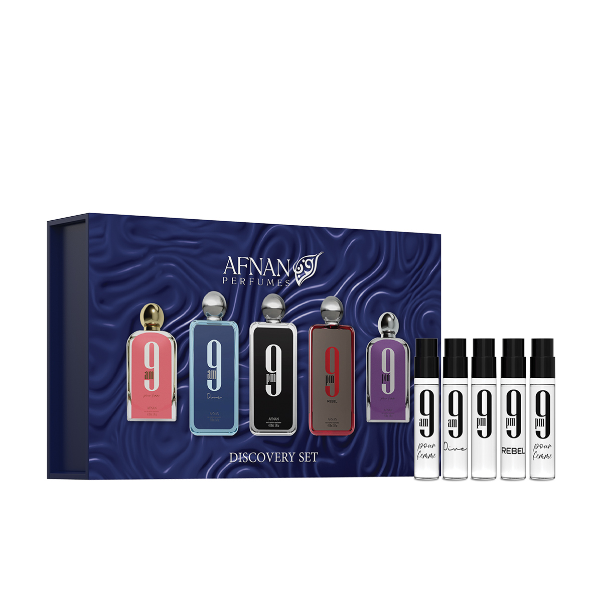 Afnan Discovery Set 9pm 2ml EDP 9pm 2 ml + EDP 9pm Rebel 2 ml + EDP 9pm Femme 2 ml + EDP 9am Femme 2 ml + EDP 9am Dive 2 ml kvepalai Moterims EDP Rinkinys
