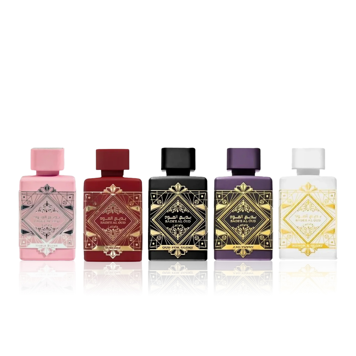 Lattafa Bade'e Al Oud Collection 5ml EDP Bade'e Al Oud Oud For Glory 5 ml + EDP Bade'e Al Oud Amethyst 5 ml + EDP Bade'e Al Oud Honor & Glory 5 ml + EDP Bade'e Al Oud Sublime 5 ml + EDP Bade'e Al Noble Blush 5 ml kvepalai Moterims EDP Rinkinys