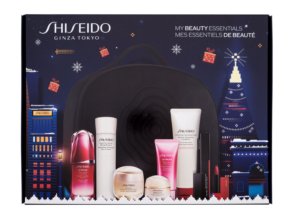 Shiseido My Beauty Essentials Clarifying 125ml Cleaning Foam 125 ml + Facial Serum Ultimune 50 ml + Hand Cream Ultimine 40 ml + Facial Cream Benefiance 50 ml + Eye Cream Benefiance 15 ml + Make-up Remover 125 ml + Mascara 01 Sumi Black 8,5 ml + Lipstick 416 Red Shift 2 g + Cosmetic Bag veido putos Rinkinys