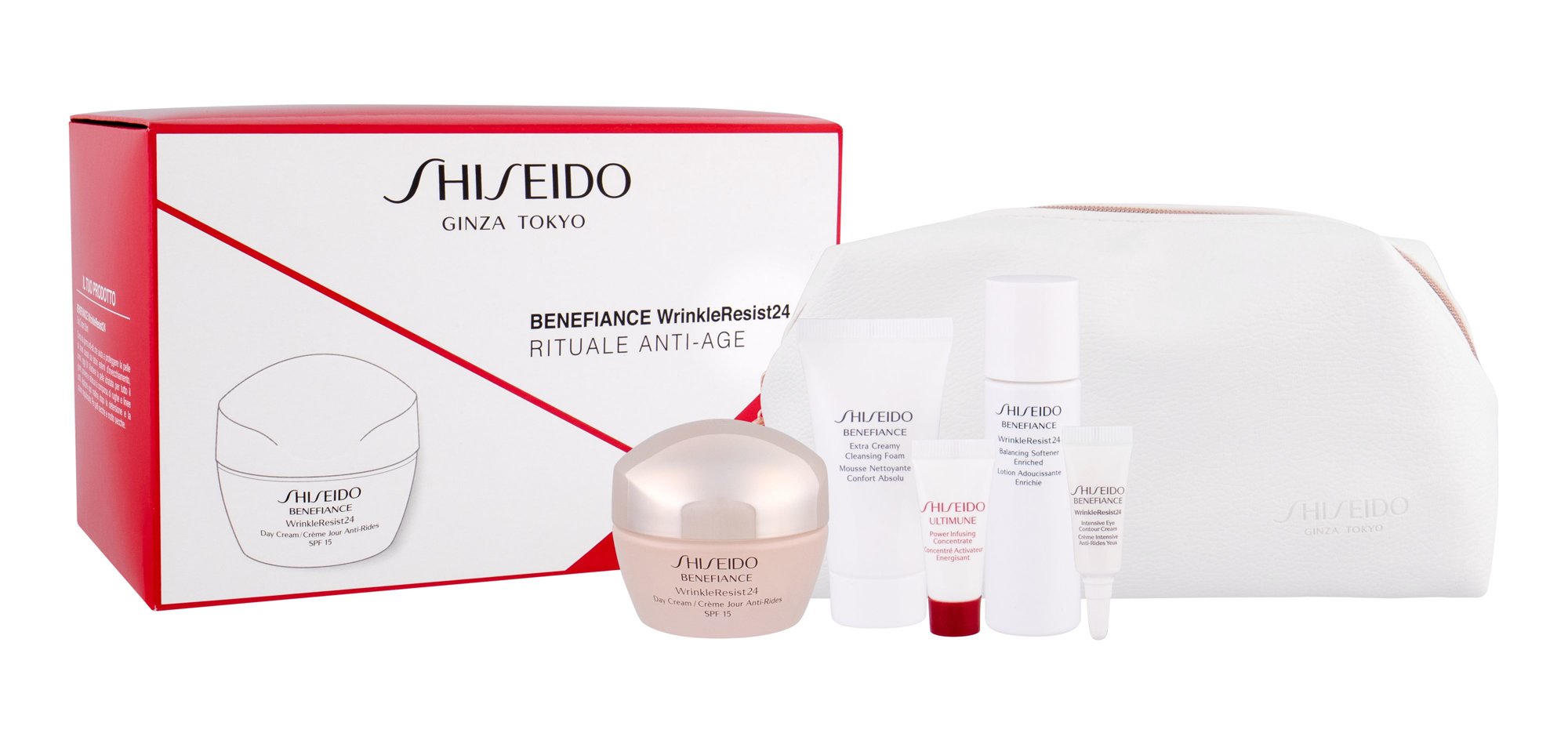 Shiseido Benefiance Wrinkle Resist 24 Day Cream SPF15 50ml Daily Cream SPF15 50 ml + Eye Care 3 ml + Cleansing Water 30 ml + Cleansing Foam 30 ml + Facial Serum Ultimune 5 ml + Cosmetic Bag dieninis kremas Rinkinys (Pažeista pakuotė)
