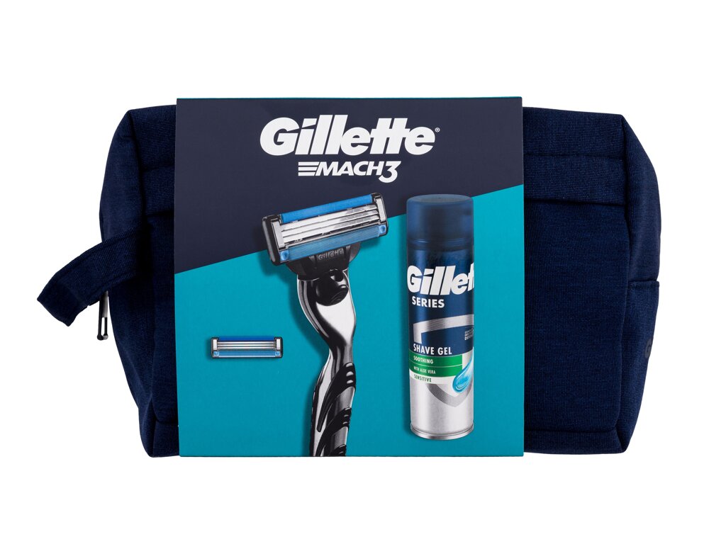 Gillette Mach3 1vnt Razor 1 pc + Spare Blade 1 pc + Series Soothing With Aloe Vera Sensitive Shaving Gel 200 ml + Cosmetic Bag skustuvas Rinkinys