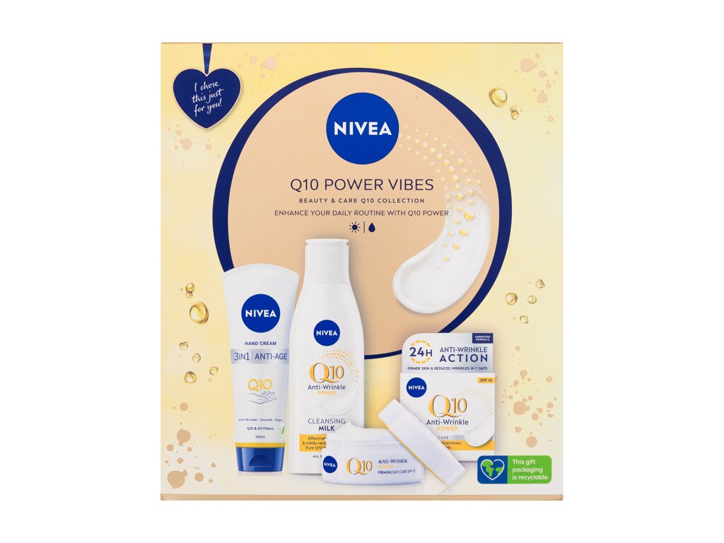 Nivea Q10 Power Vibes 50ml Q10 Anti-Wrinkle Power Day Cream 50 ml + Q10 Anti-Wrinkle Power Cleansing Milk 200 ml + Q10 Hand Cream 100 ml dieninis kremas Rinkinys (Pažeista pakuotė)