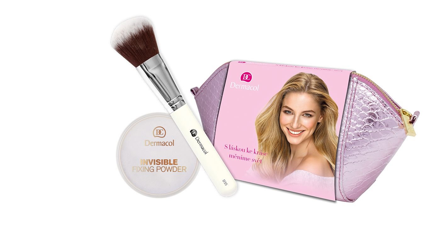 Dermacol Invisible Fixing Powder 13g Invisible Fixing Powder 13 g + Cosmetic Brush D55 1 ks + Cosmetic Bag sausa pudra Rinkinys