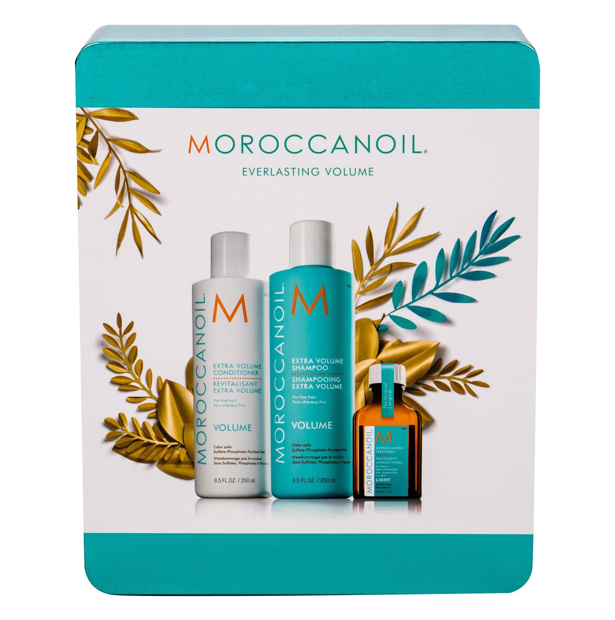 Moroccanoil Volume 250ml Shampoo 250 ml + Conditioner 250 ml + Hair Oil Light 25 ml + Tin Can šampūnas Rinkinys (Pažeista pakuotė)