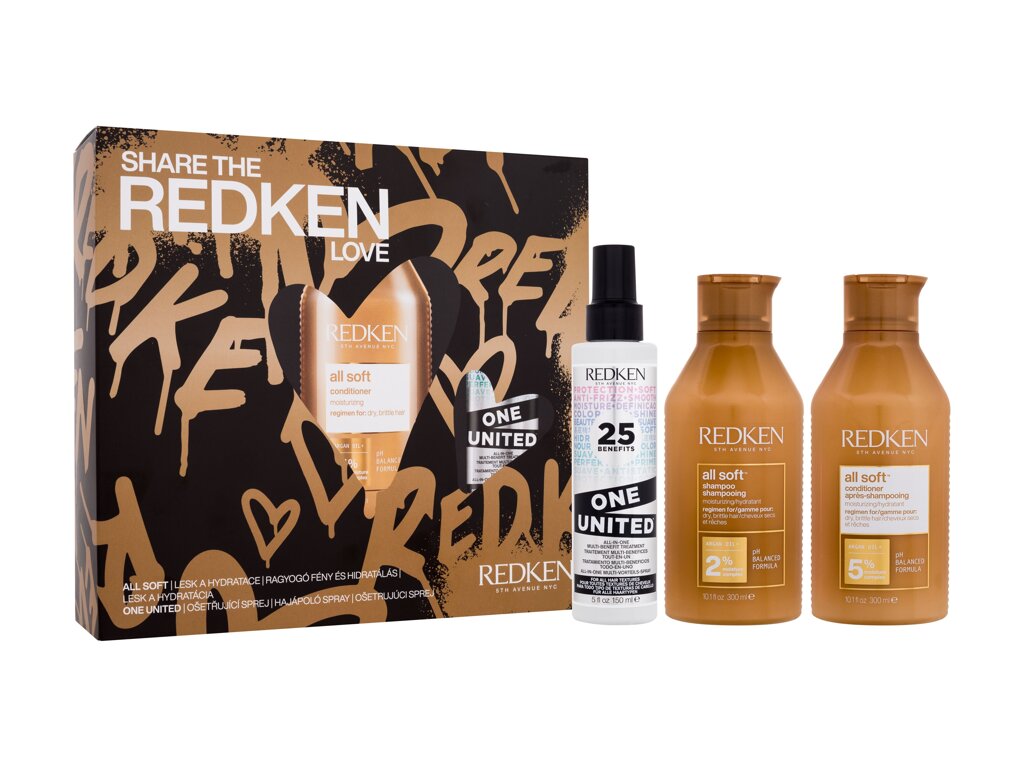 Redken Share The Redken All Soft Love 300ml All Soft Shampoo 300 ml +  All Soft Conditioner 300 ml + One United All-In-One Multi-Benefit Treatment 150 ml šampūnas Rinkinys (Pažeista pakuotė)