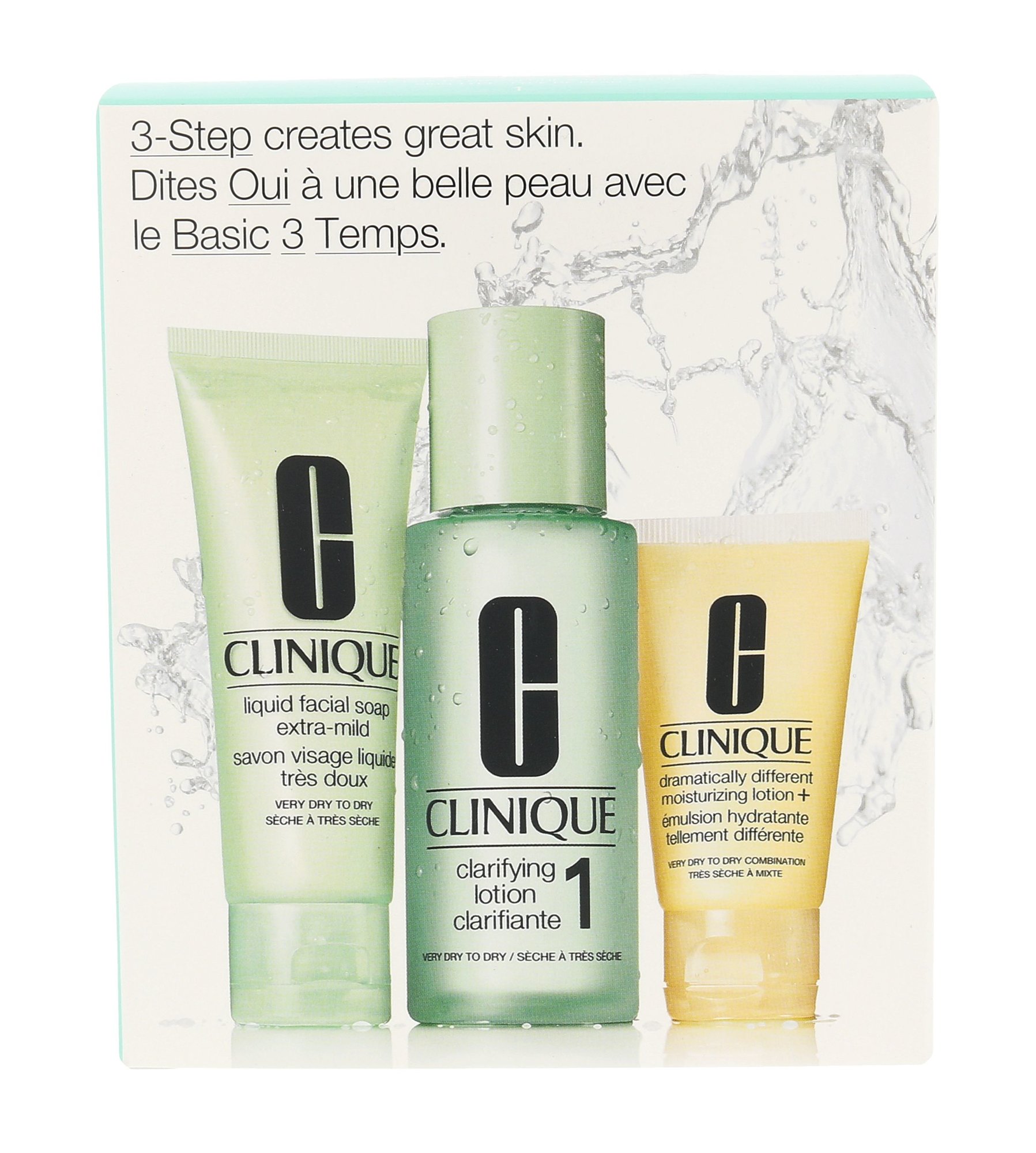 Clinique 3-Step Skin Care 1 100ml 50ml Liquid Facial Soap Extra Mild + 100ml Clarifying Lotion 1 + 30ml DDML valomasis vanduo veidui Rinkinys (Pažeista pakuotė)