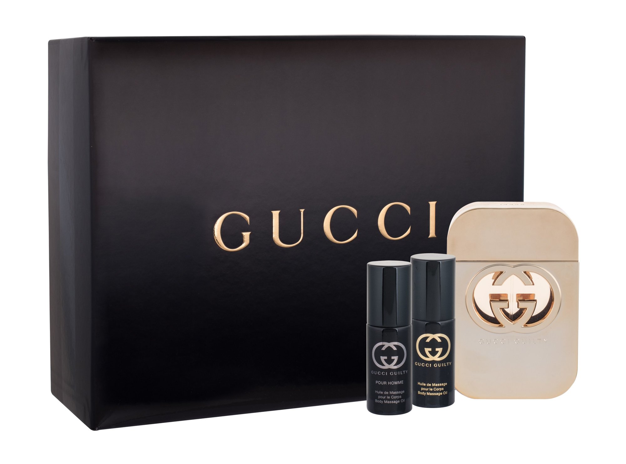 Gucci Guilty 75ml Edt 75ml + 8ml Gucci Guilty massage oil + 8ml Gucci Guilty Pour Homme massage oil Kvepalai Moterims EDT Rinkinys