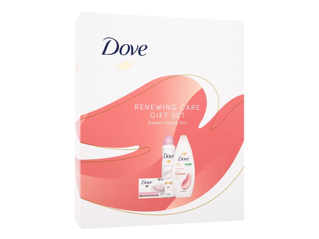 Dove Renewing Care Gift Set 250ml Renewing Glow Shower Gel 250 ml + Pink Beauty Cream Bar 90 g + Antiperspirant Powder Soft 150 ml dušo želė Rinkinys (Pažeista pakuotė)