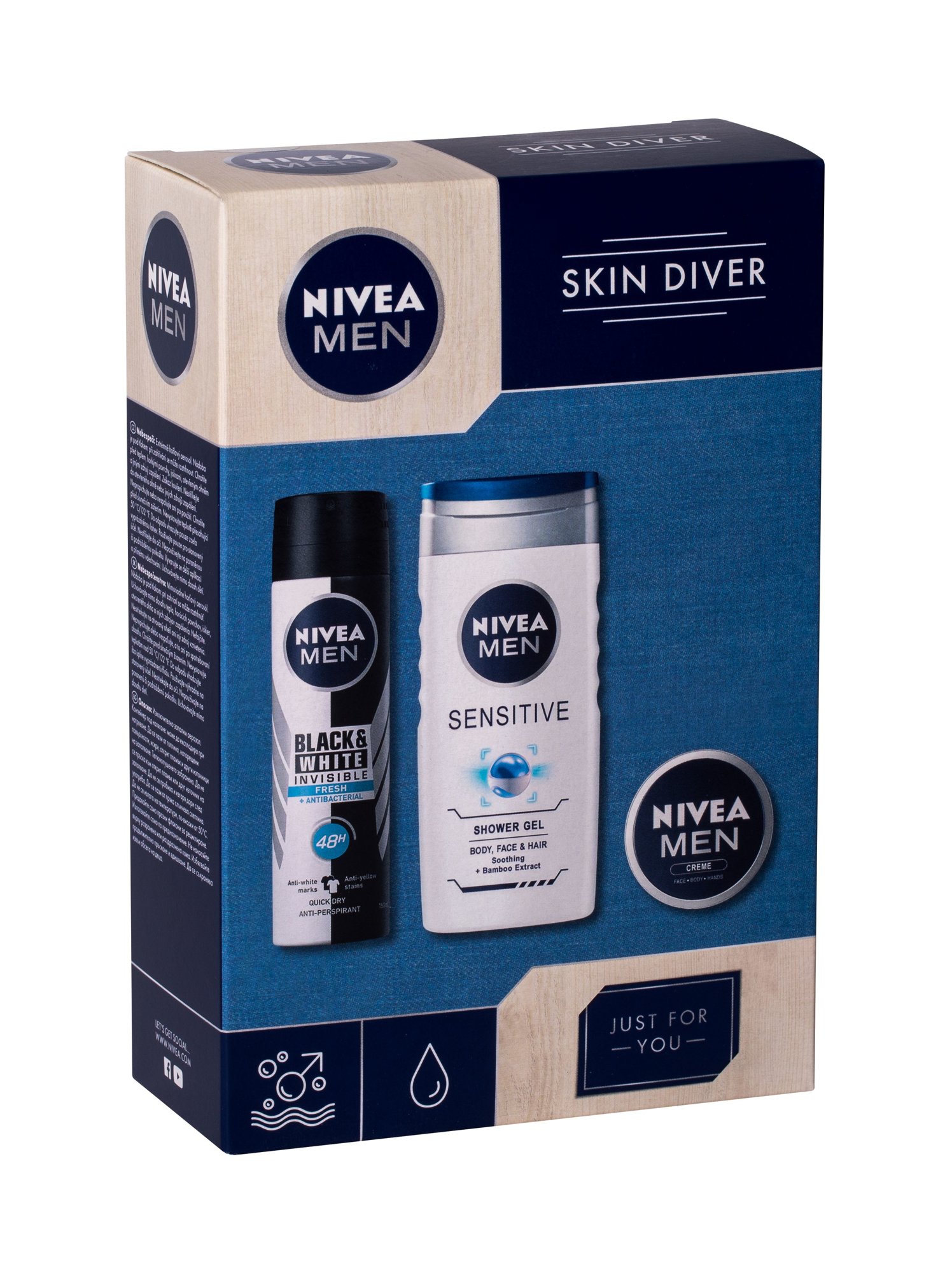 Nivea Men Sensitive 250ml Shower Gel 250 ml + Antiperspirant Invisible Black & White Fresh 150 ml + Men Creme 30 ml dušo želė Rinkinys (Pažeista pakuotė)