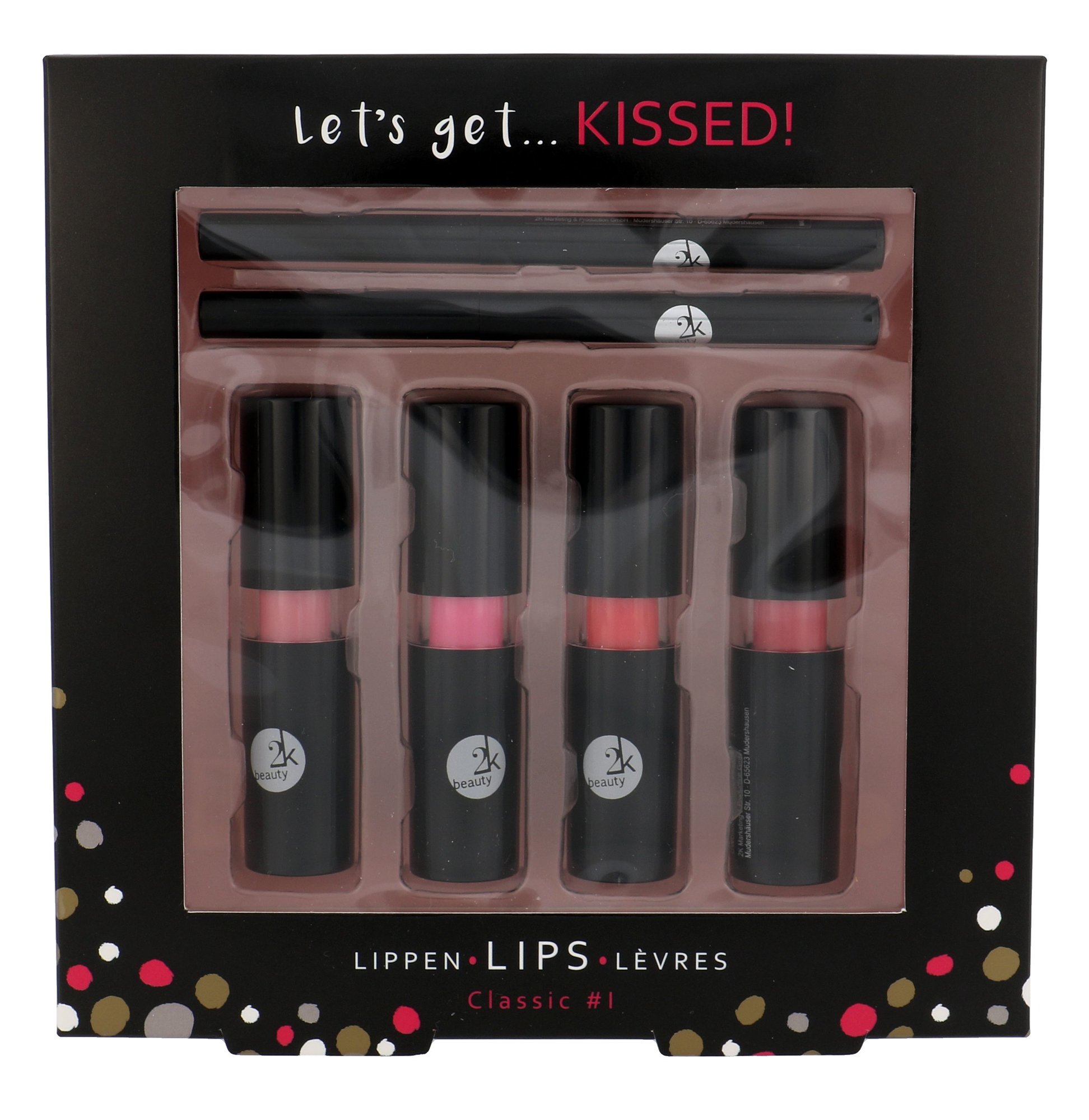 2K Let´s Get Kissed! 3,5g Lipstick 4x 3,5 g + Contour pencil 2x 0,2 g lūpdažis Rinkinys (Pažeista pakuotė)