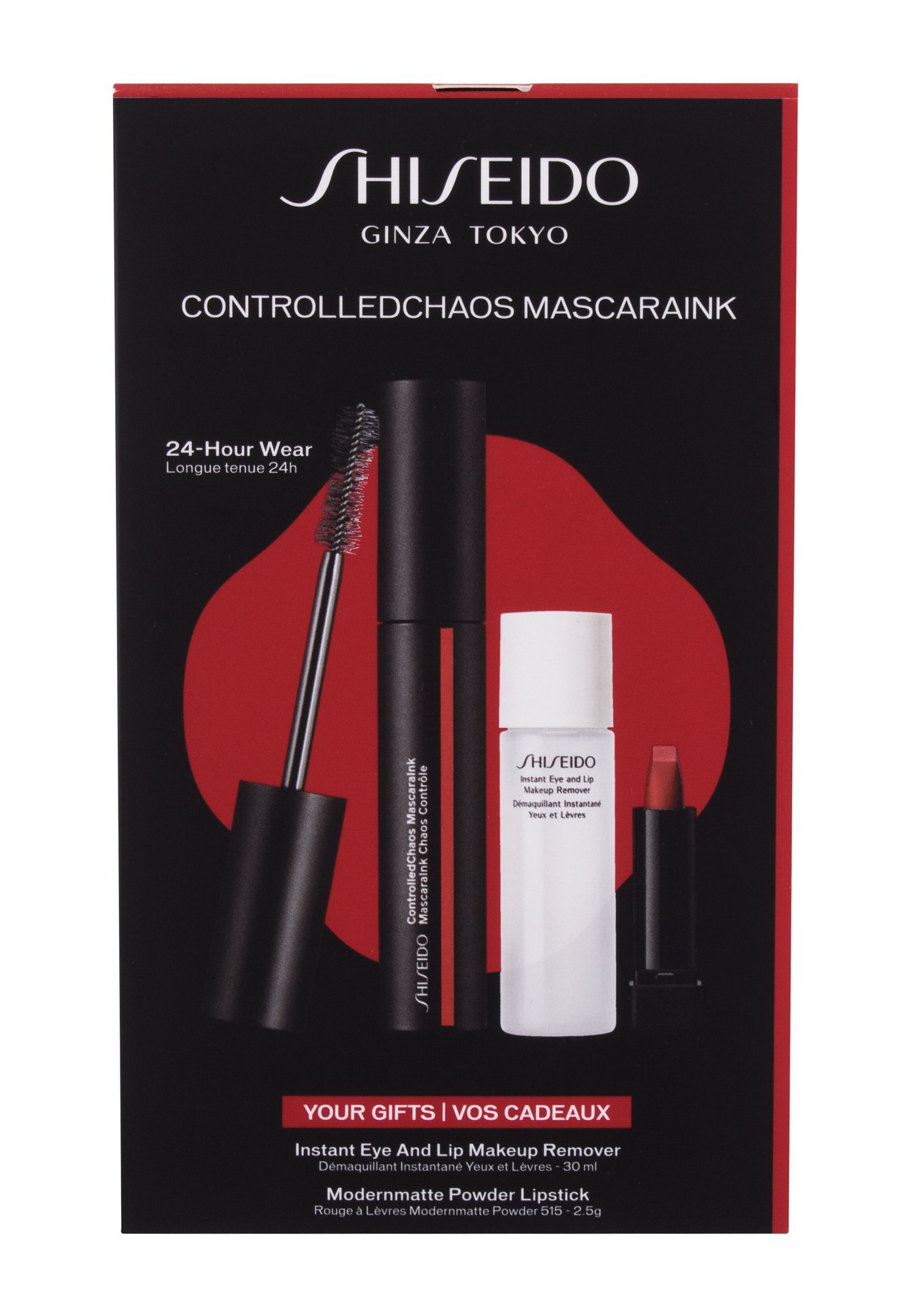 Shiseido ControlledChaos MascaraInk 11,5ml ControlledChaos MascaraInk 11,5 ml +  Instant Eye and Lip Makeup Remover 30 ml + ModernMatte Powder Lipstick 2,5 g 515 Mellow Drama blakstienų tušas Rinkinys (Pažeista pakuotė)
