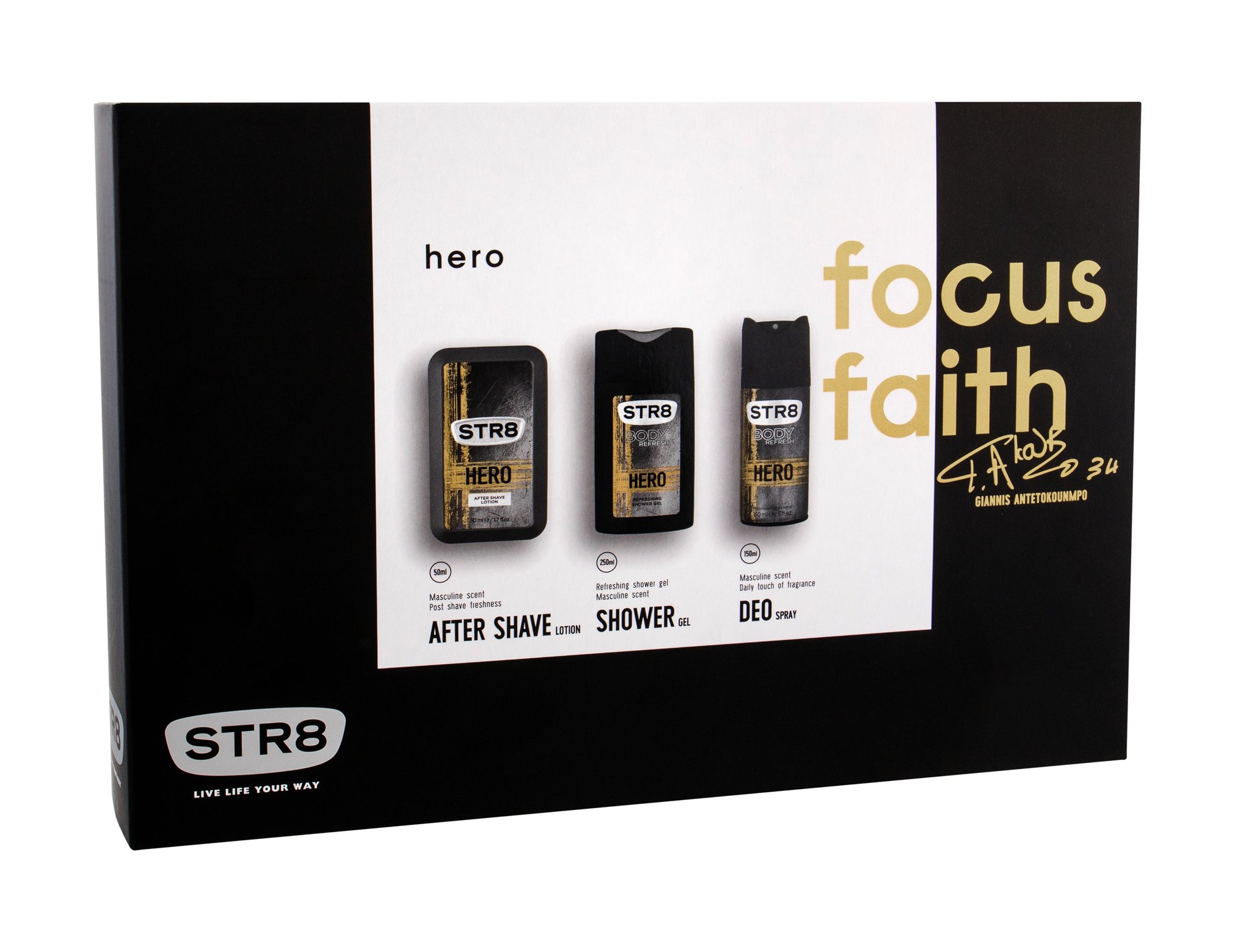 STR8 Hero 50ml Aftershave Lotion 50 ml + Shower Gel 250 ml + Deodorant 150 ml vanduo po skutimosi Rinkinys (Pažeista pakuotė)