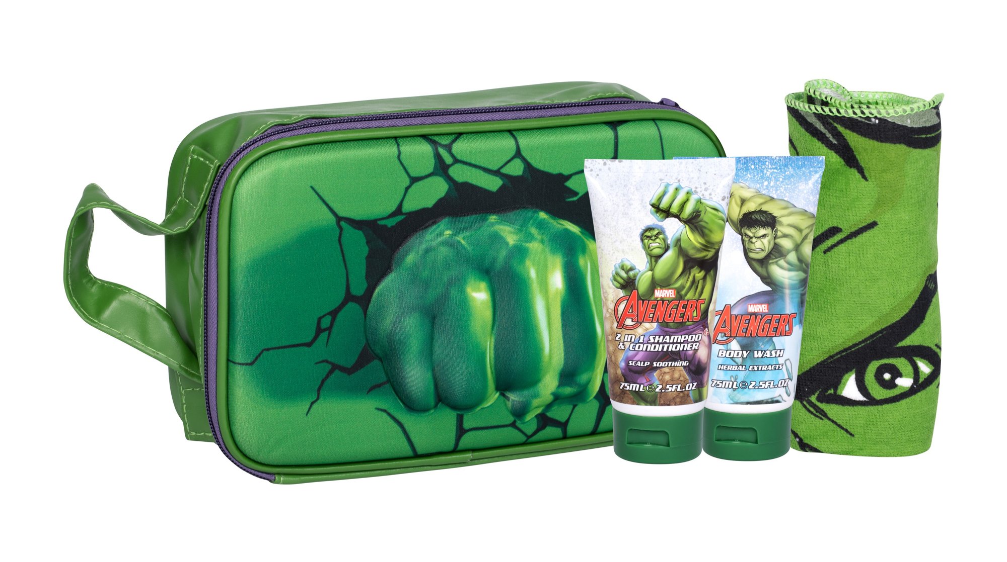 Marvel Avengers Hulk 75ml Shower Gel 75 ml + Shampoo 2in1 75 ml + Towel + Cosmetic Bag dušo želė Rinkinys