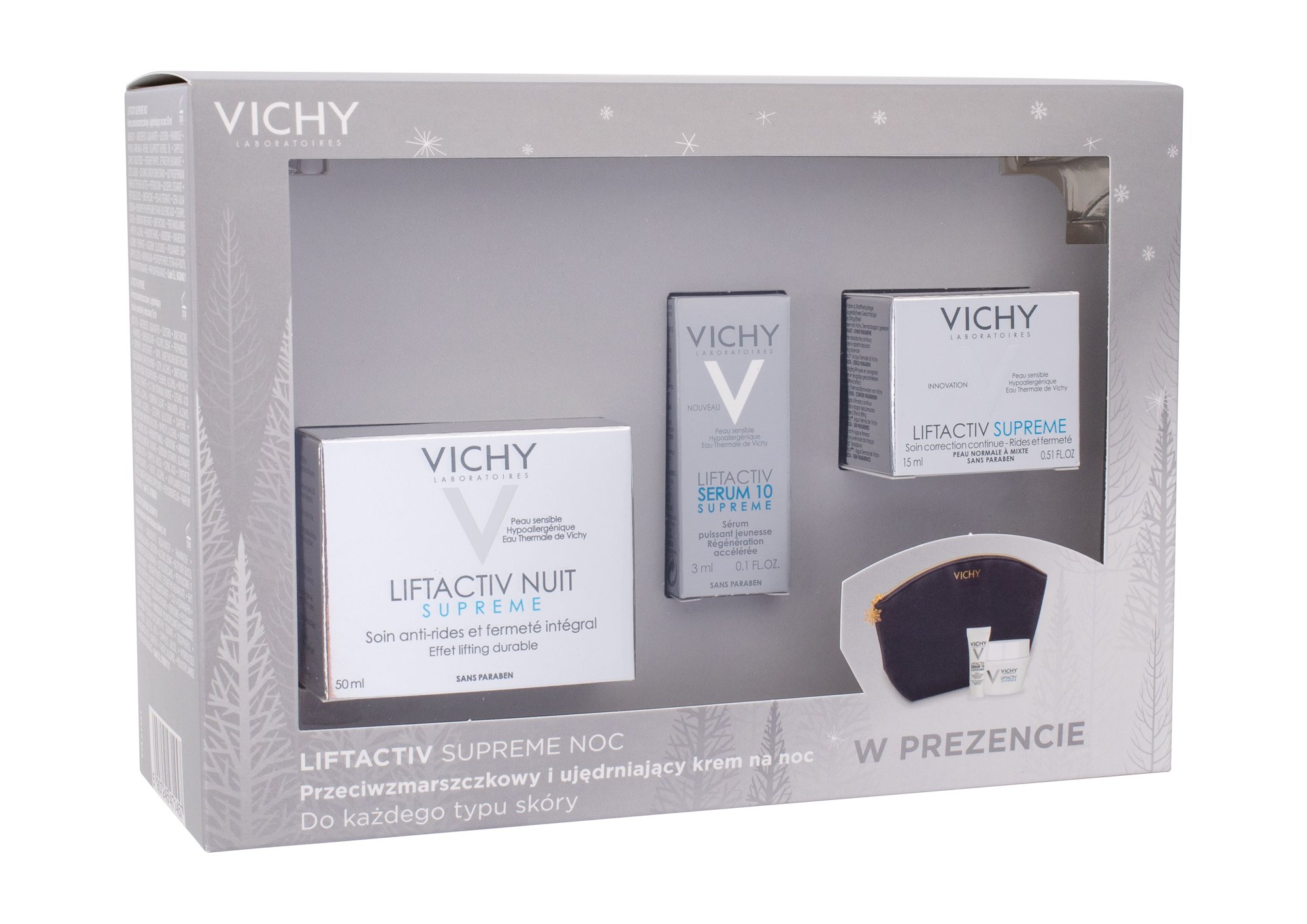 Vichy Liftactiv Supreme 50ml Night Skin Care 50 ml + Daily Skin Care 15 ml + Skin Serum 3 ml + Cosmetic Bag naktinis kremas Rinkinys