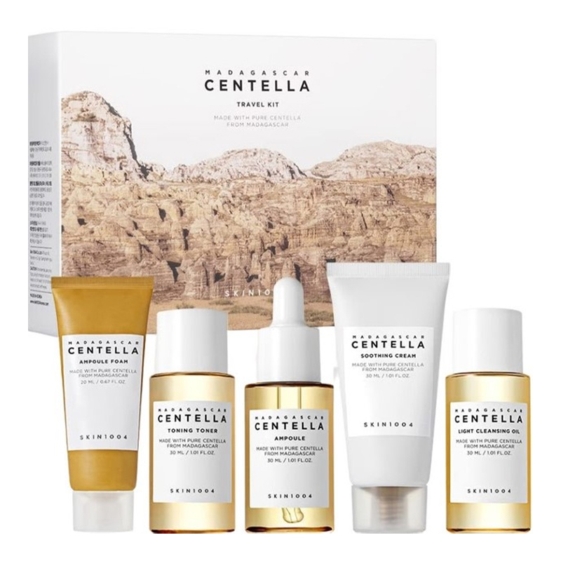 SKIN1004 Madagascar Centella Travel Kit Ampoule Foam Facial Cleanser (20ml) + Toning Toner Facial Toner (30ml) + Ampoule Facial Ampoule Serum (30ml) + Soothing Cream Moisturising and Soothing Face Cream (30ml) + Light Cleansing Oil Cleansing Facial Oil (30ml) Unisex Rinkinys