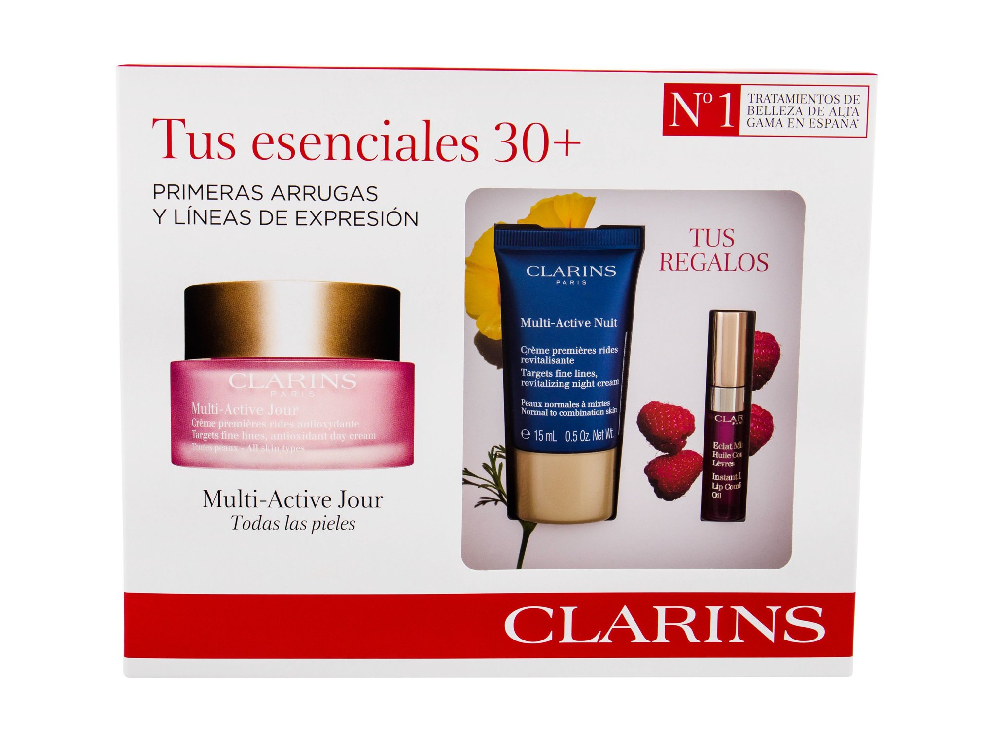 Clarins Multi-Active 50ml Daily Facial Cream 50 ml+ Night Facial Cream Multi-Active Nuit 15 ml + Lip Gloss Comfort Oil 2,8 ml 02 dieninis kremas Rinkinys