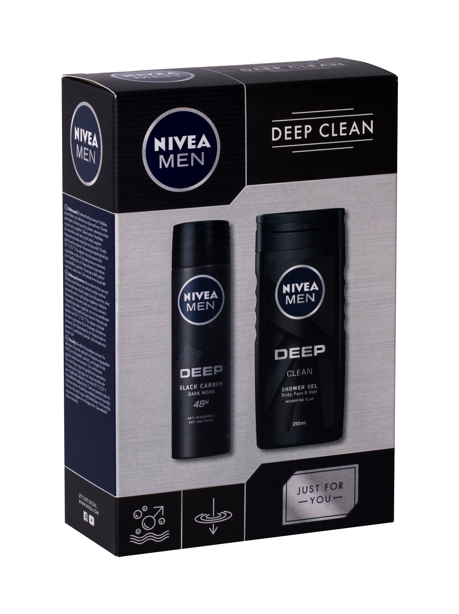 Nivea Men Deep Clean 250ml Shower Gel 250 ml + Antiperspirant spray 150 ml dušo želė Rinkinys (Pažeista pakuotė)