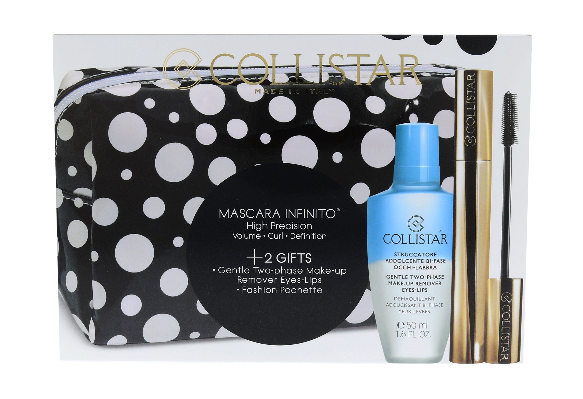 Collistar Infinito 11ml Mascara 11 ml + Make Up Remover Gentle Two Phase 50 ml + Cosmetic Bag blakstienų tušas Rinkinys (Pažeista pakuotė)