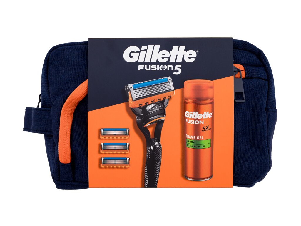 Gillette Fusion5 1vnt Razor Fusion5 1 pc + Spare Blade Fusion5 3 pc +  Fusion Shaving Gel Sensitive 200 ml + Cosmetic Bag skustuvas Rinkinys