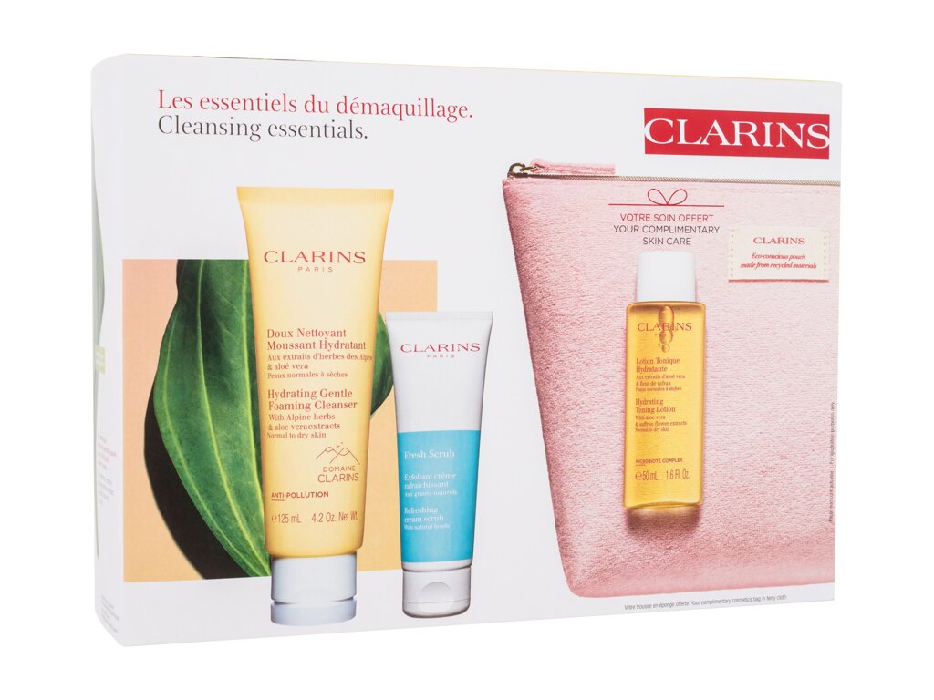 Clarins Cleansing Essentials 125ml Hydrating Gentle Foaming Cleanser 125 ml + Fresh Scrub 50 ml + Hydrating Toning Lotion 50 ml + Cosmetic Bag veido kremas Rinkinys (Pažeista pakuotė)