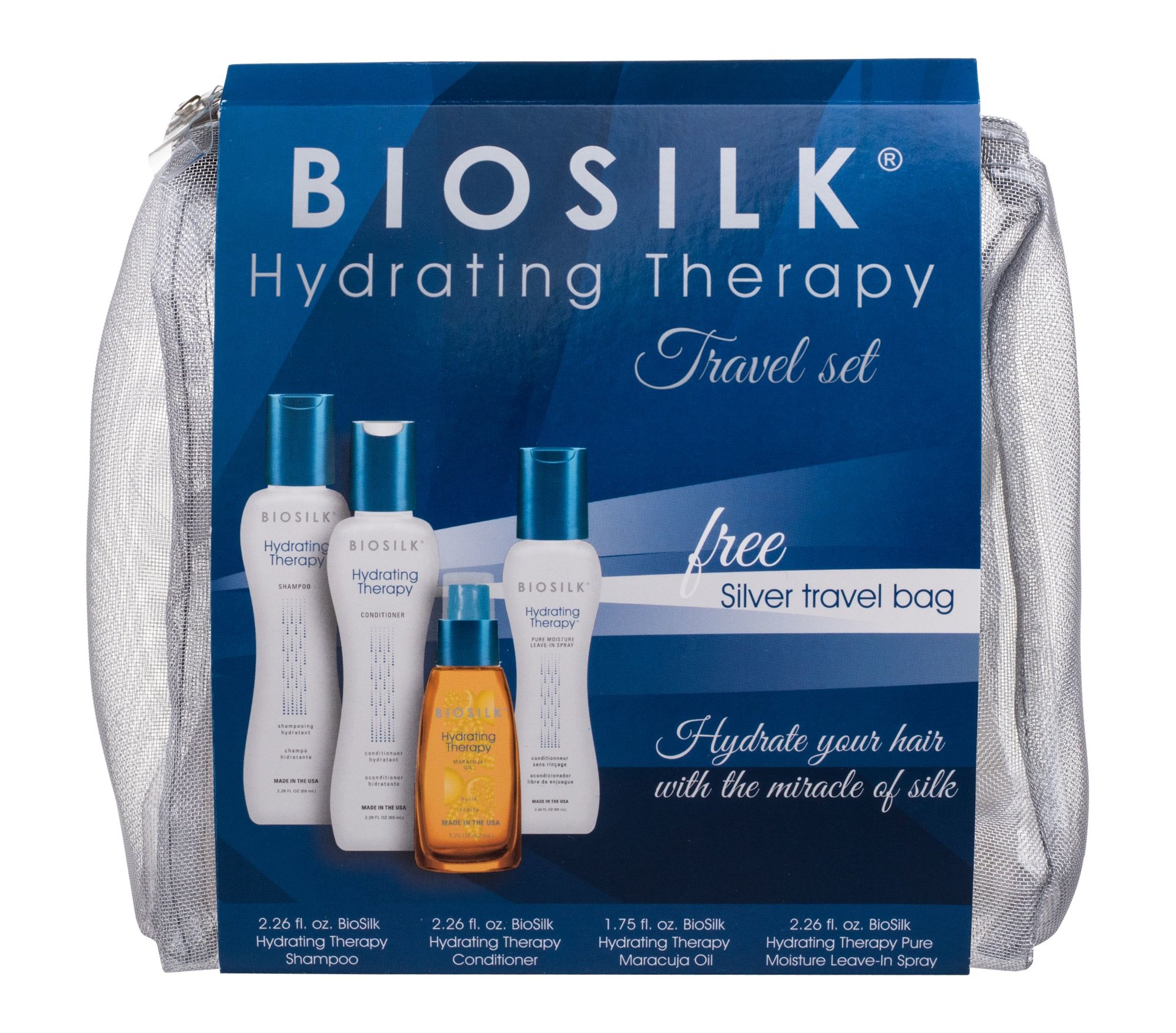 Farouk Systems Biosilk Hydrating Therapy 67ml shampoo 67 ml + conditioner 67 ml + hair oil 52 ml + leave-in conditioner 67 ml + cosmetic bag šampūnas Rinkinys