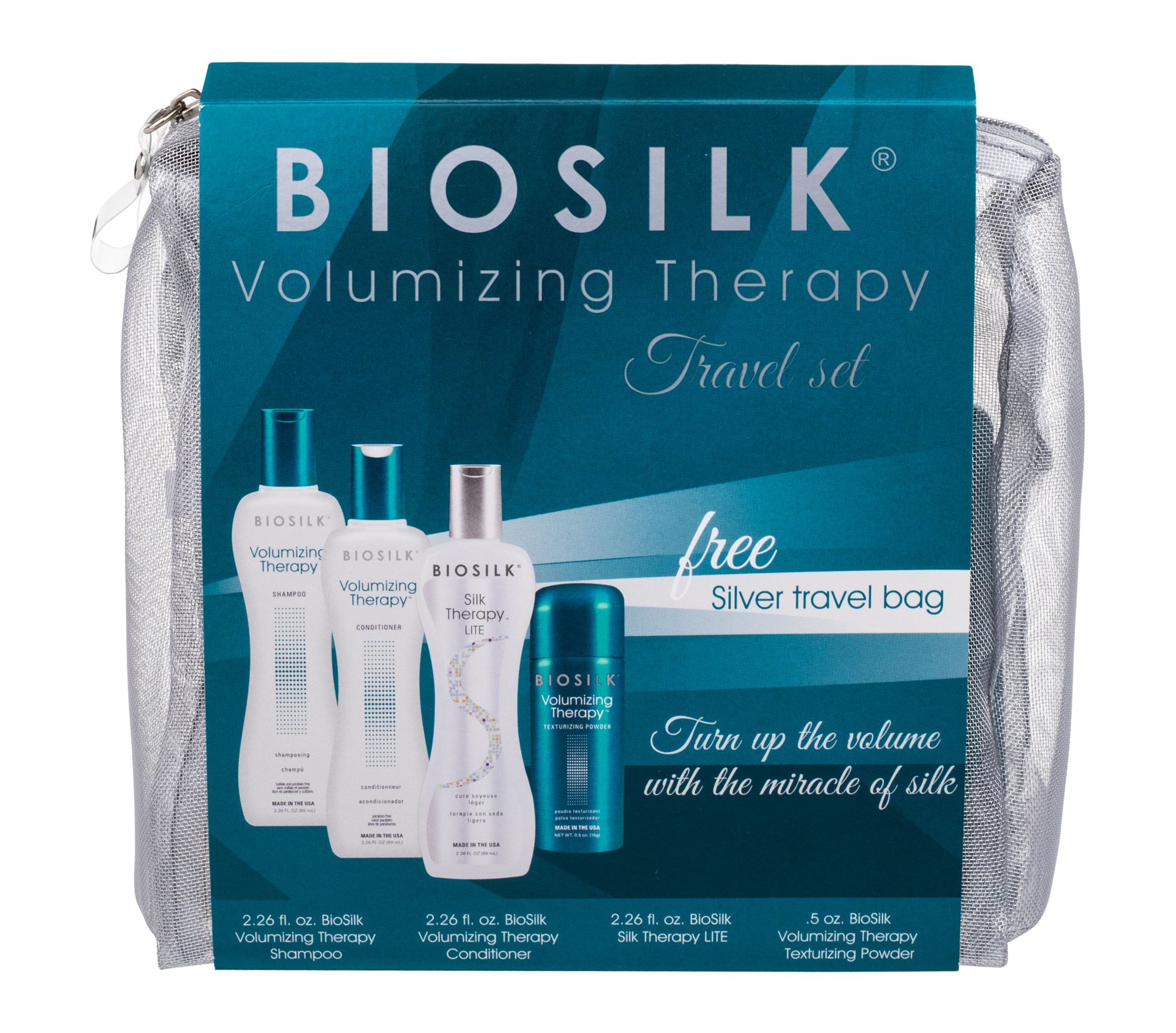 Farouk Systems Biosilk Volumizing Therapy 67ml shampoo 67 ml + conditioner 67 ml + hair serum Biosilk Silk Therapy Lite 67 ml + hair powder 15 g +cosmetic bag šampūnas Rinkinys